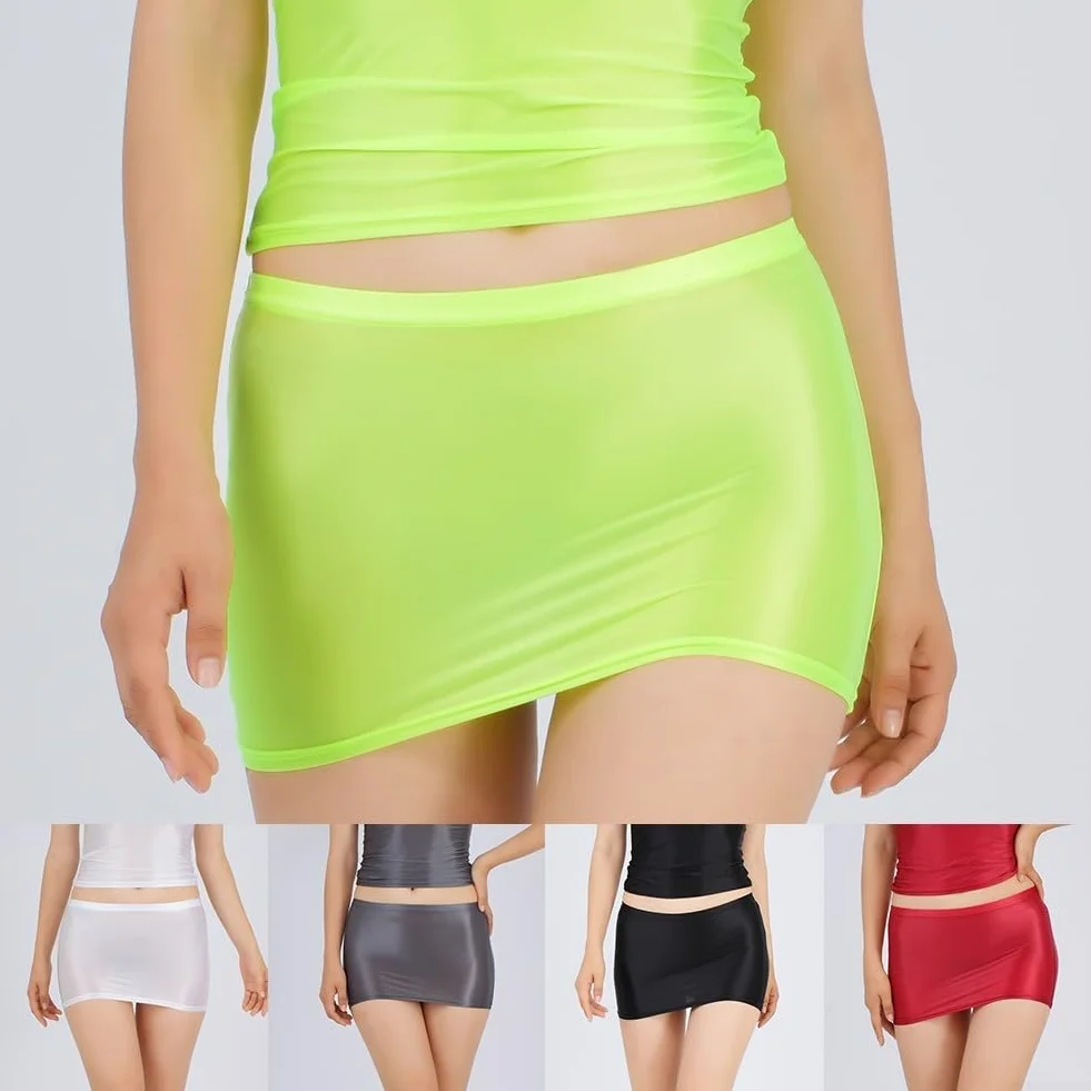 Minigonna sexy da donna in stile lingerie con texture seta oleosa lucida