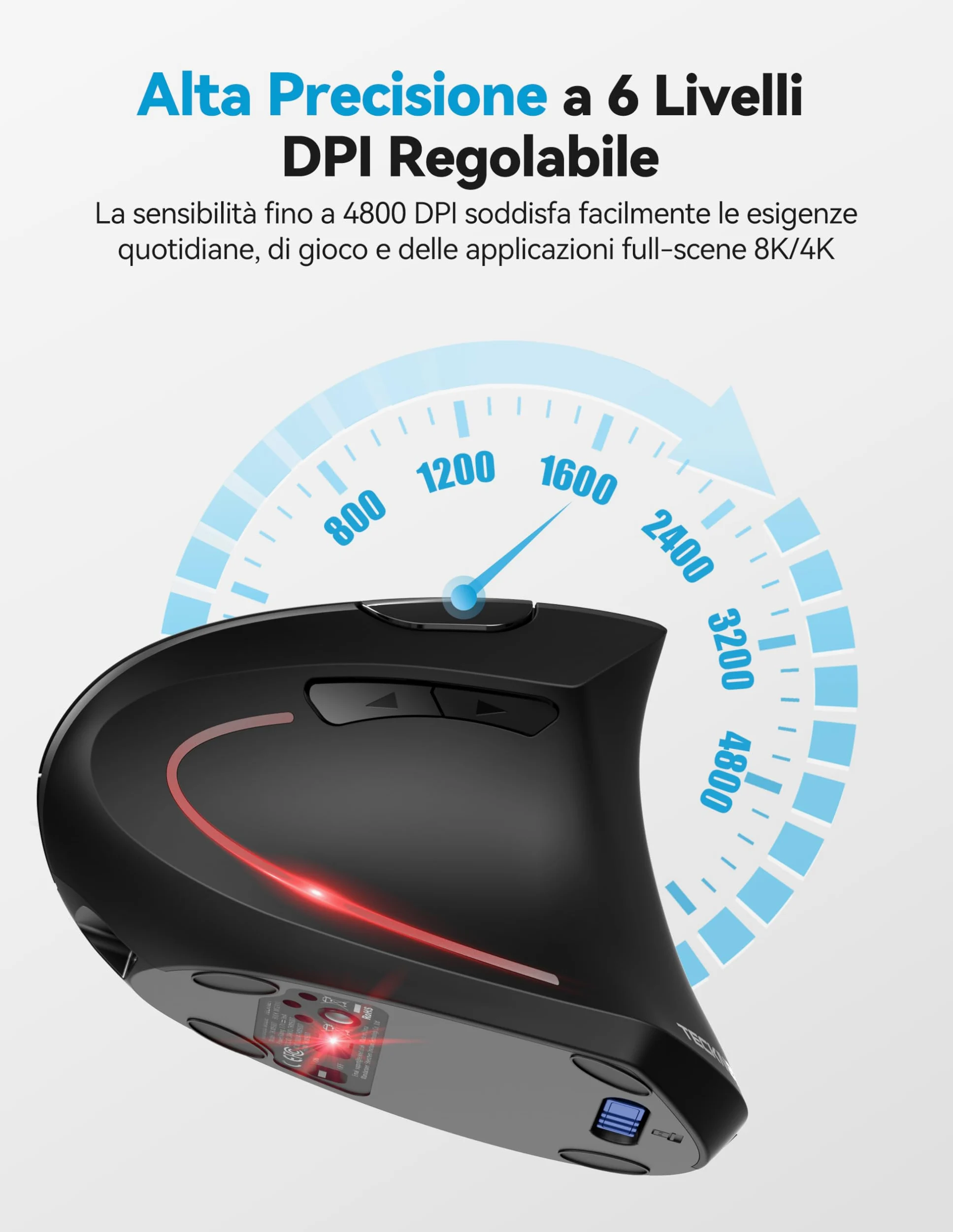 TECKNET Mouse Verticale, Mouse Bluetooth Ergonomico Ricaricabile, Wireless Ottico Right Handed 6 Pulsanti, Multi-dispositivo (BT5.0/3.0+USB-A), 4800 DPI 6 Livelli Regolabili, Ampia compatibilità-Nero
