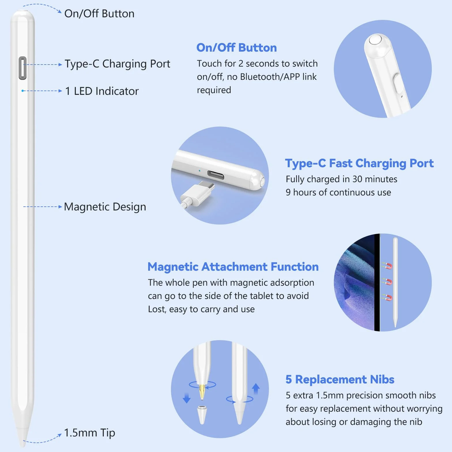 KISSLEAF Penna Universale per Tablet e Telefono per Android Samsung Lenovo Huawei XiaoMi Vivo con 5 Suggerimenti, Punta Della Penna da 1.5 mm, Ricarica Rapida 30 Minuti, Adsorbimento Magnetico
