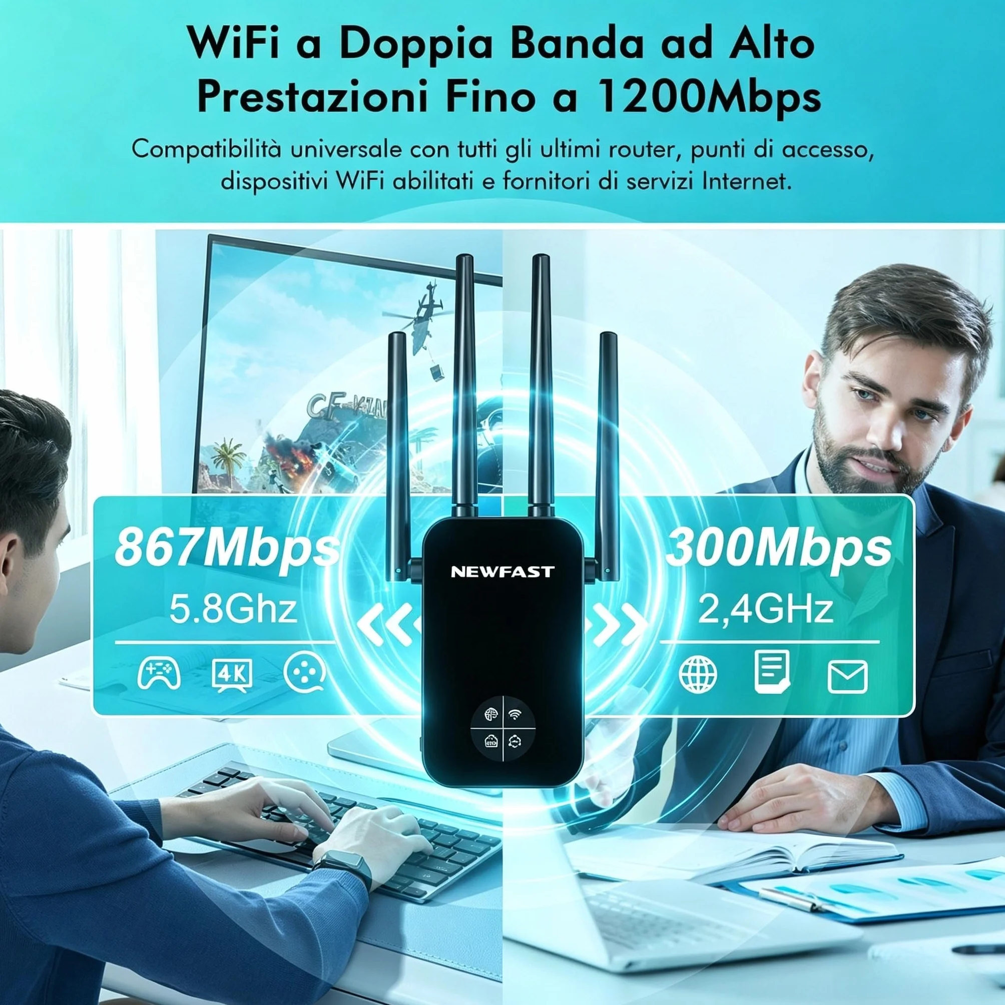 NEWFAST Ripetitore WiFi Potente per Casa, 1200Mbps WiFi Extender Dual Band 2.4GHz/5GHz con 4 Antenne ad Alto Guadagno, Porta Ethernet, WPS, Display Intelligente, Amplificatore WiFi Supporta 3 Modalità
