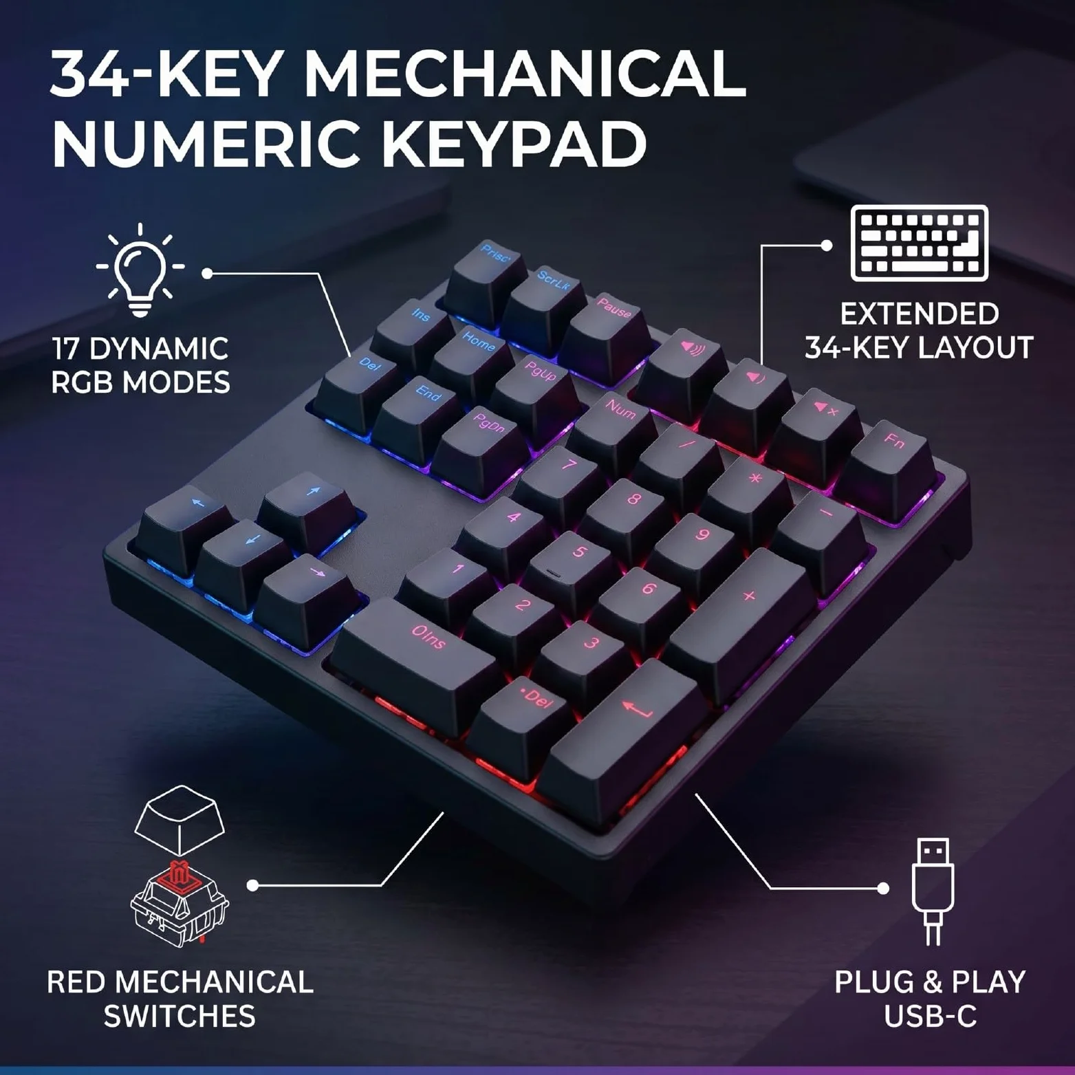 XUMIUZIY Tastierino Numerico Cablato, Tastierino Numerico Meccanico con Retroilluminazione RGB, Copritasti PBT, Interruttore Rosso Sostituibile a Caldo, Silenzioso, Num