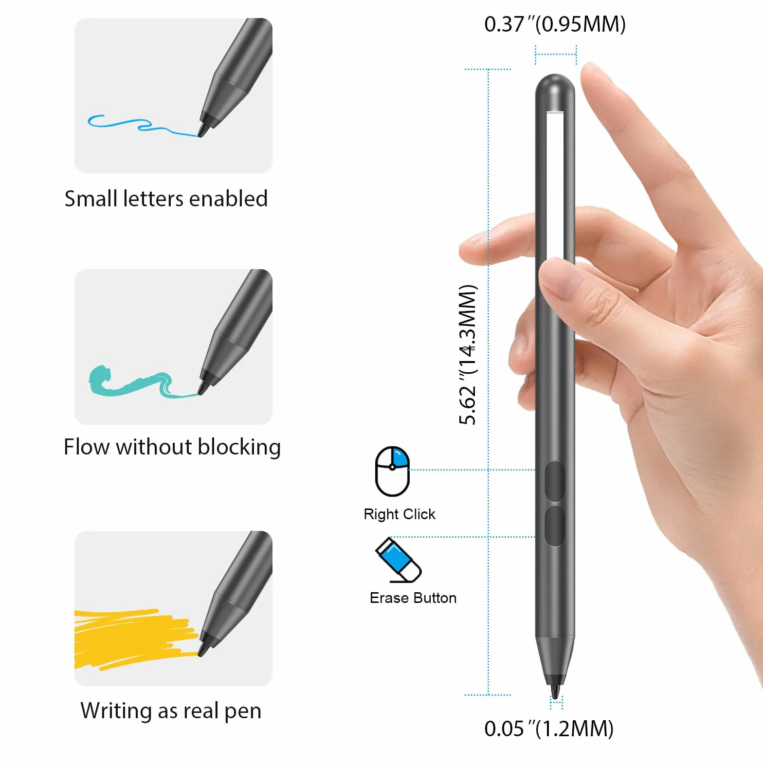 ANYQOO MPP Stylus Penna 1.51 con sensibilità alla pressione 1024, Palm Rejection, batteria AAAA, compatibile con Microsoft Surface e alcuni Asus, Dell, HP, 2 ricariche sostituibili