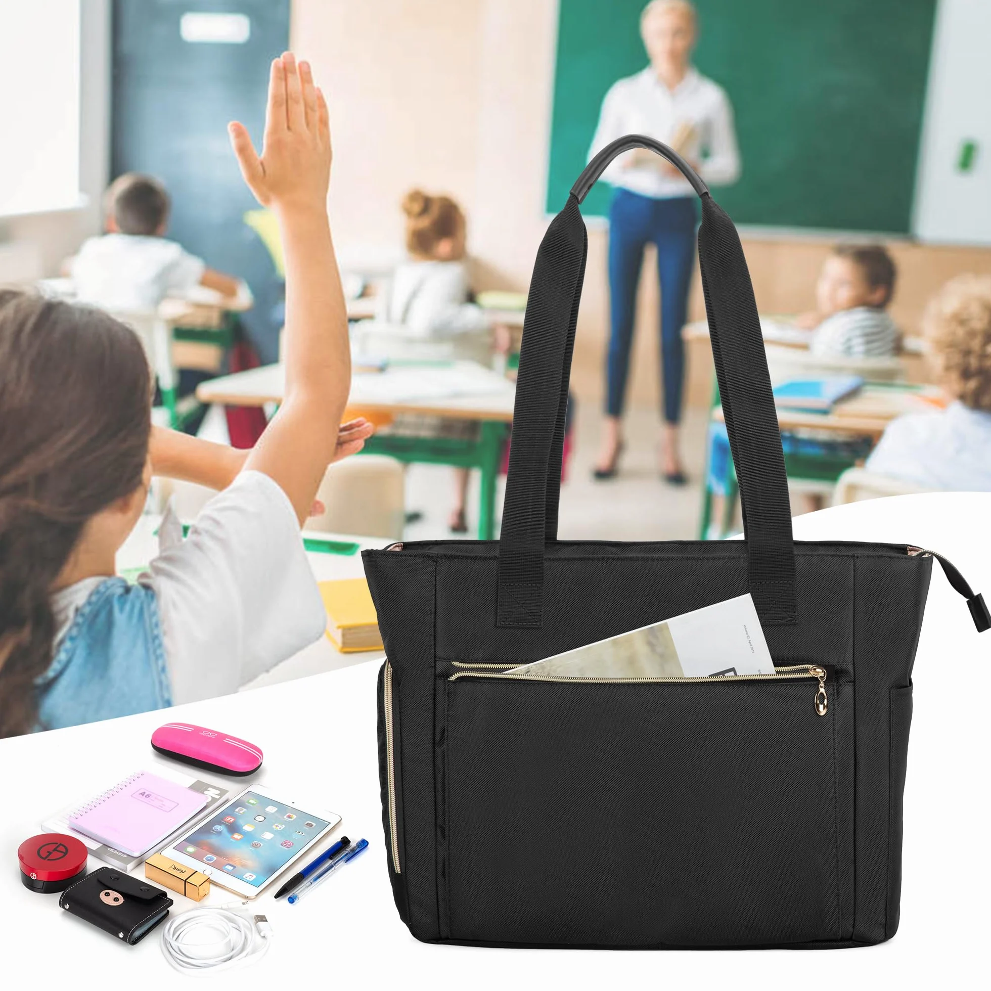 CURMIO Tote per Insegnante da Donna, Borsa da Lavoro Portatile con Custodia Imbottita e Scomparti per Laptop, Materiale Scolastico, Solo Borsa, Nero.