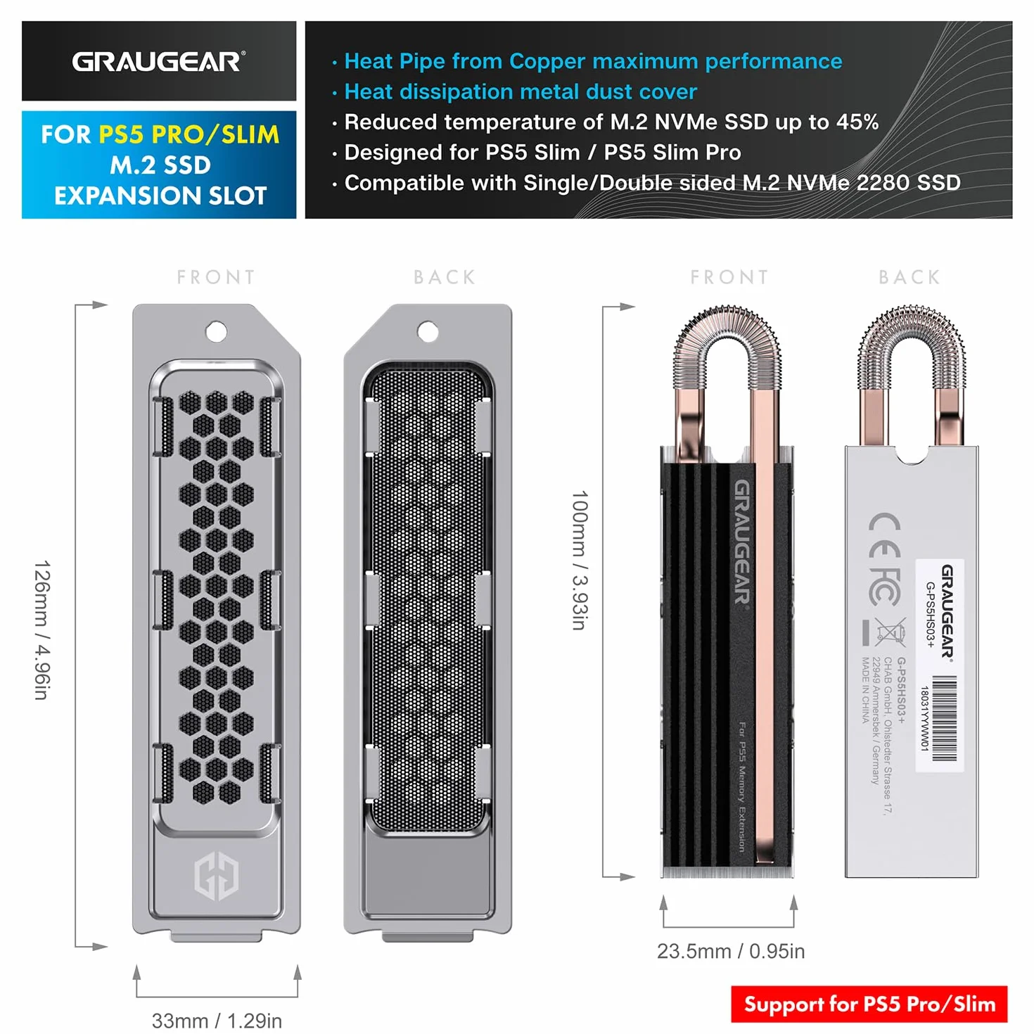 GRAUGEAR HeatPipe - Dissipatore di calore per M.2 NVMe SSD (2280), PS5 Pro, PS5 Slim, per PlayStation, con copertura antipolvere