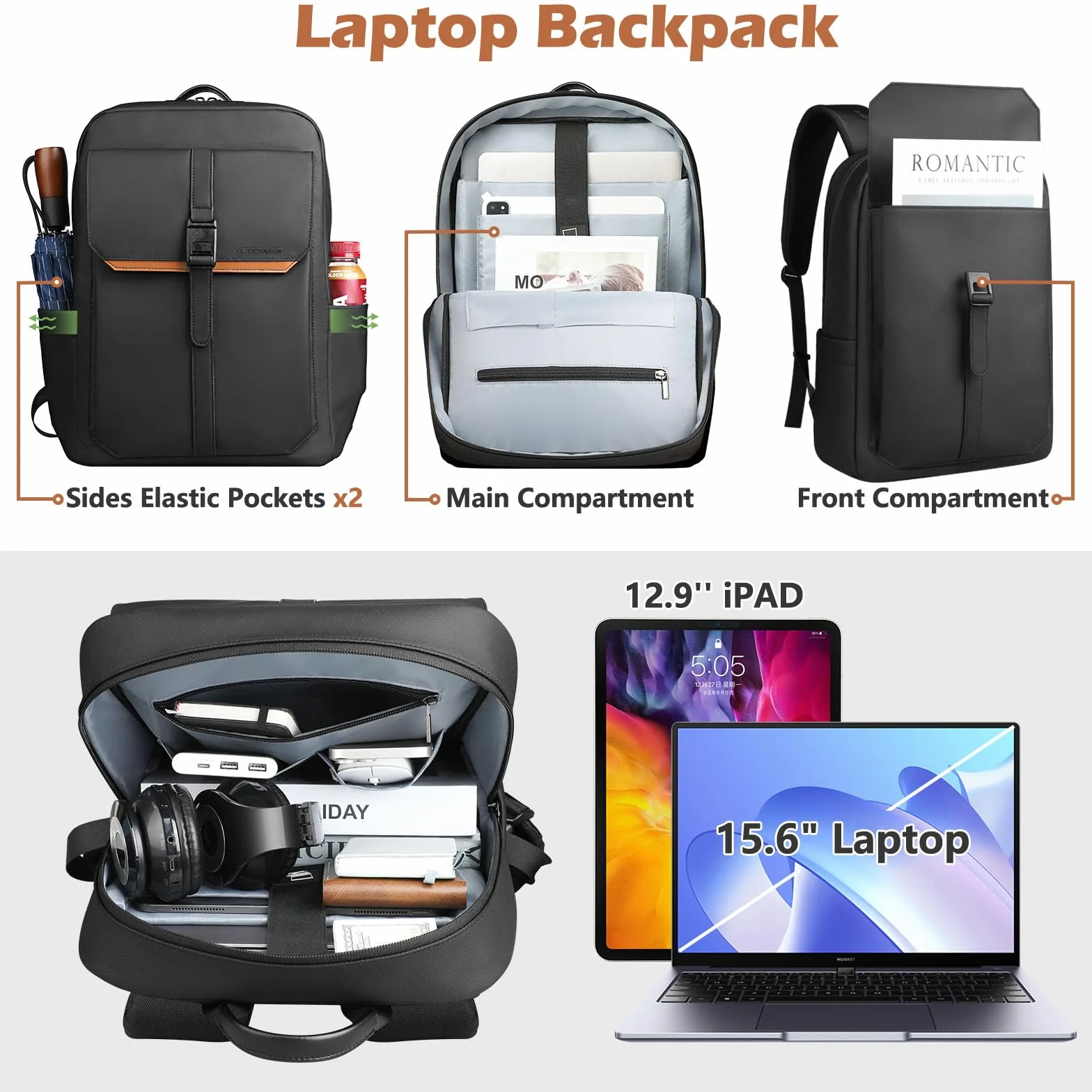 hk Zaino Business da Uomo per Laptop, design moderno ed elegante, leggero, sottile e impermeabile – Perfetto per uomini d’affari, lavoro, università e viaggi – Nero