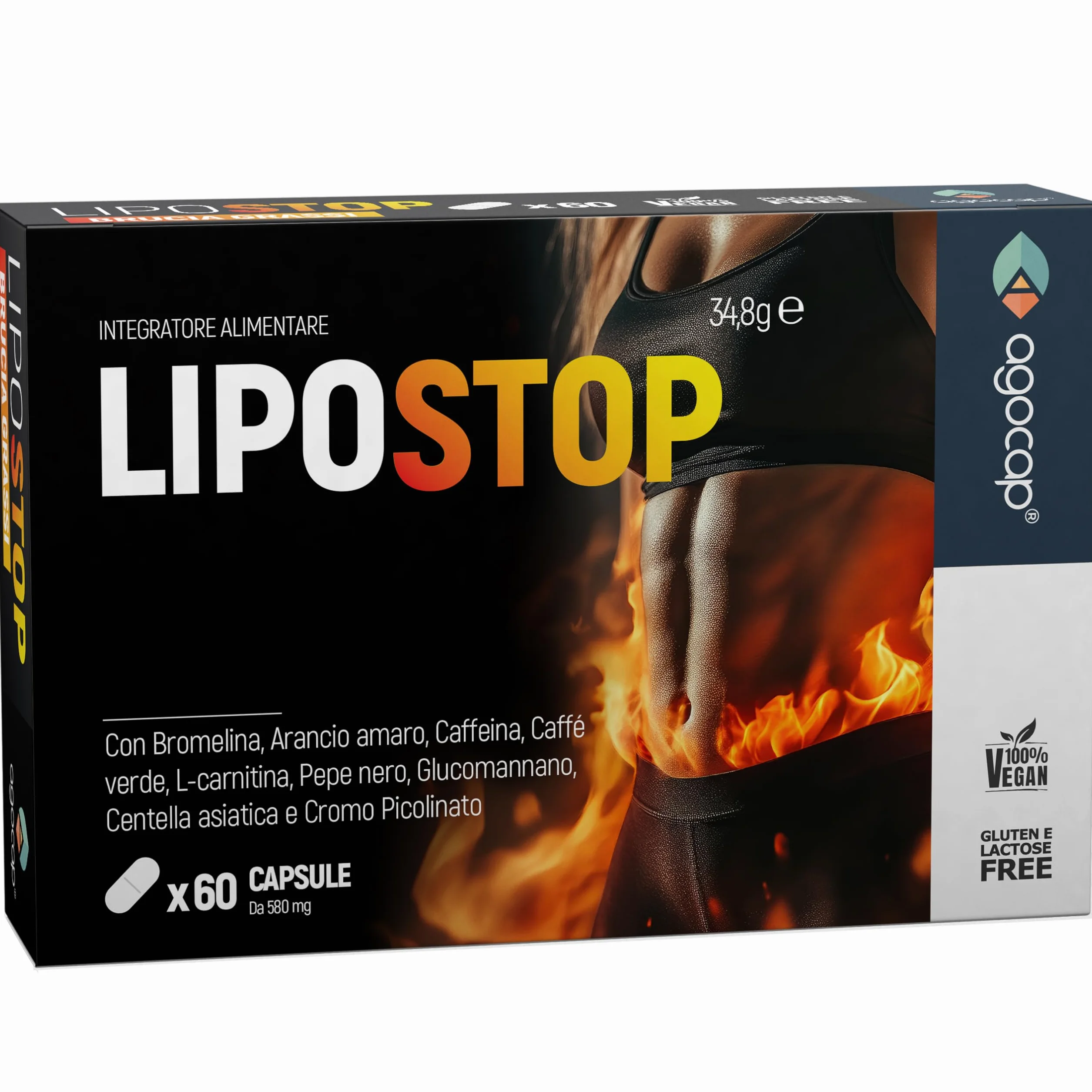 LIPOSTOP Integratore Alimentare con Bromelina, Caffeina, L-Carnitina, Glucomannano – 60 Capsule