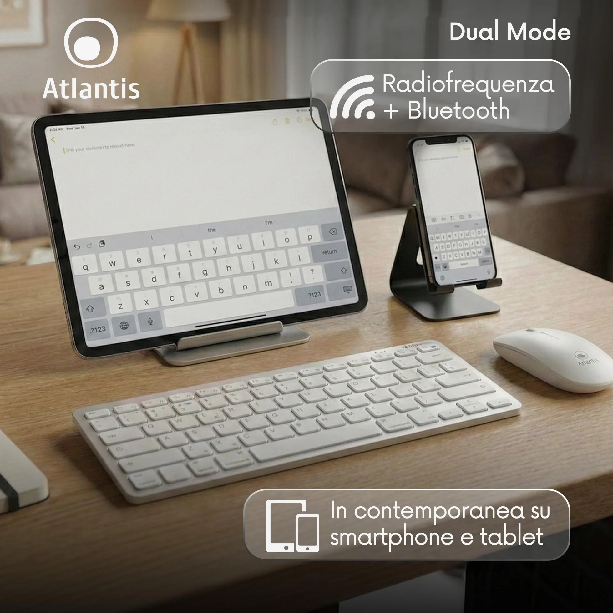 Atlantis ARGO 900Pro Combo KIT Mini Tastiera Ultraslim + Mouse - Wireless senza fili RF + Bluetooth, QWERTY 78 tasti “chocolate key”, per PC/Notebook/Smartphone/tablet/iOS/Android, Bianco