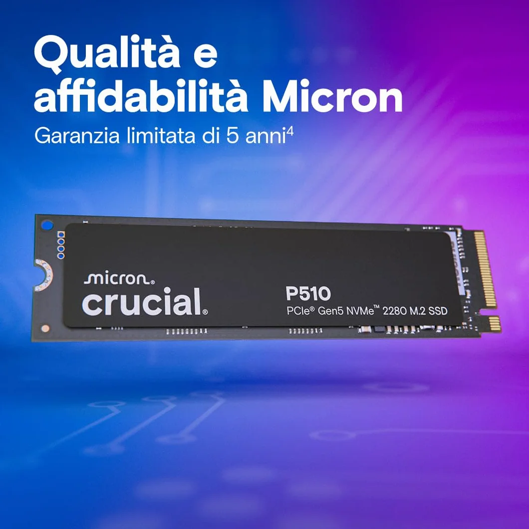 Crucial P510 SSD 2TB PCIe 5.0 x4 Gen5 NVMe M.2 , Velocità fino a 10.000 MB/s, Lettura, 8.700 MB/s in Scrittura, Compatibile con Notebook e PC Desktop, TLC NAND, Hard Disk Interno - CT2000P510SSD8-01