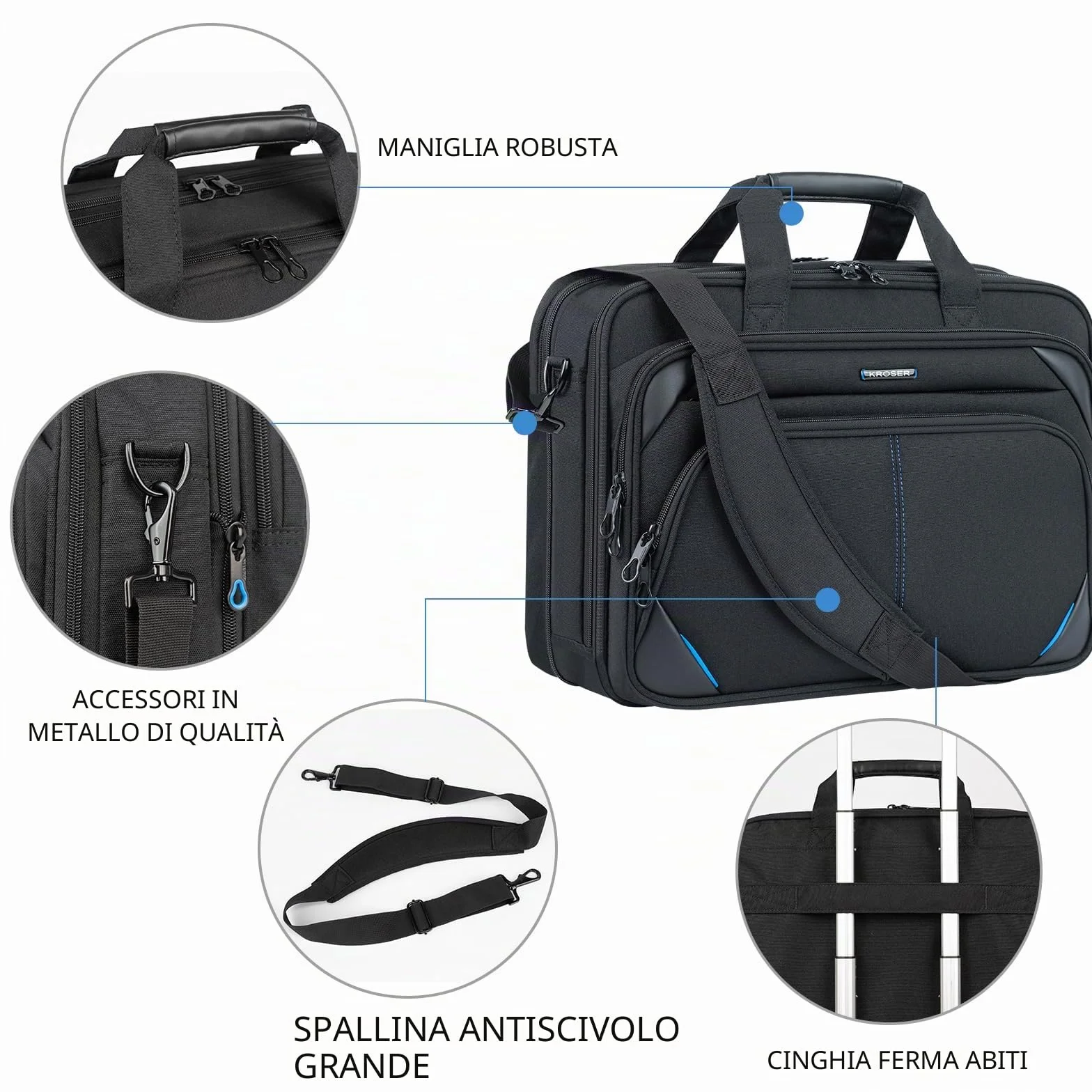 KROSER Borsa per computer portatile da 17,3 pollici, borsa a tracolla espandibile per computer portatile resistente