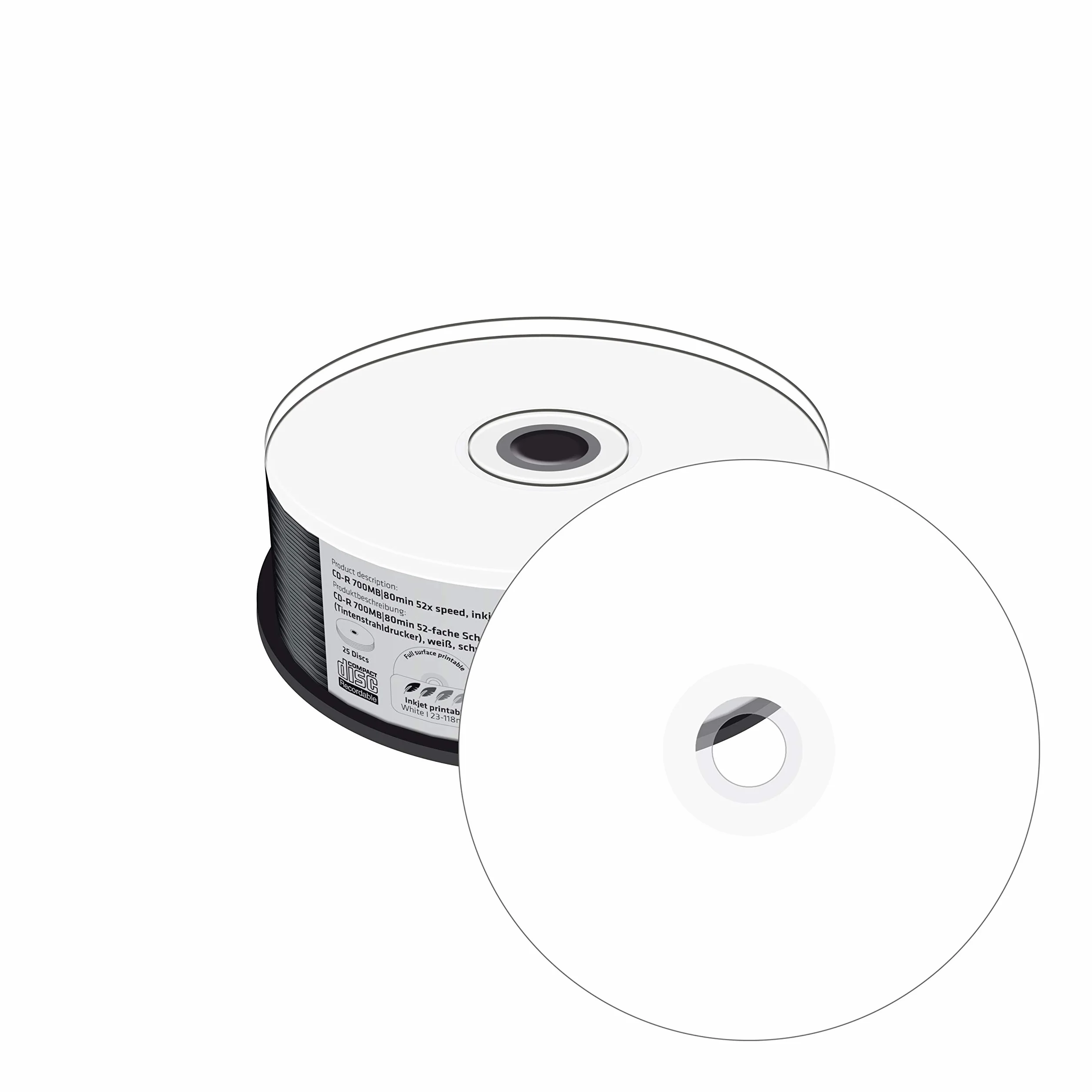 CD-R 700 MB - Velocità di scrittura 52 volte - Stampabile su tutta la superficie (stampante a getto d'inchiostro), pagina di scrittura nera, scatola per torta da 25