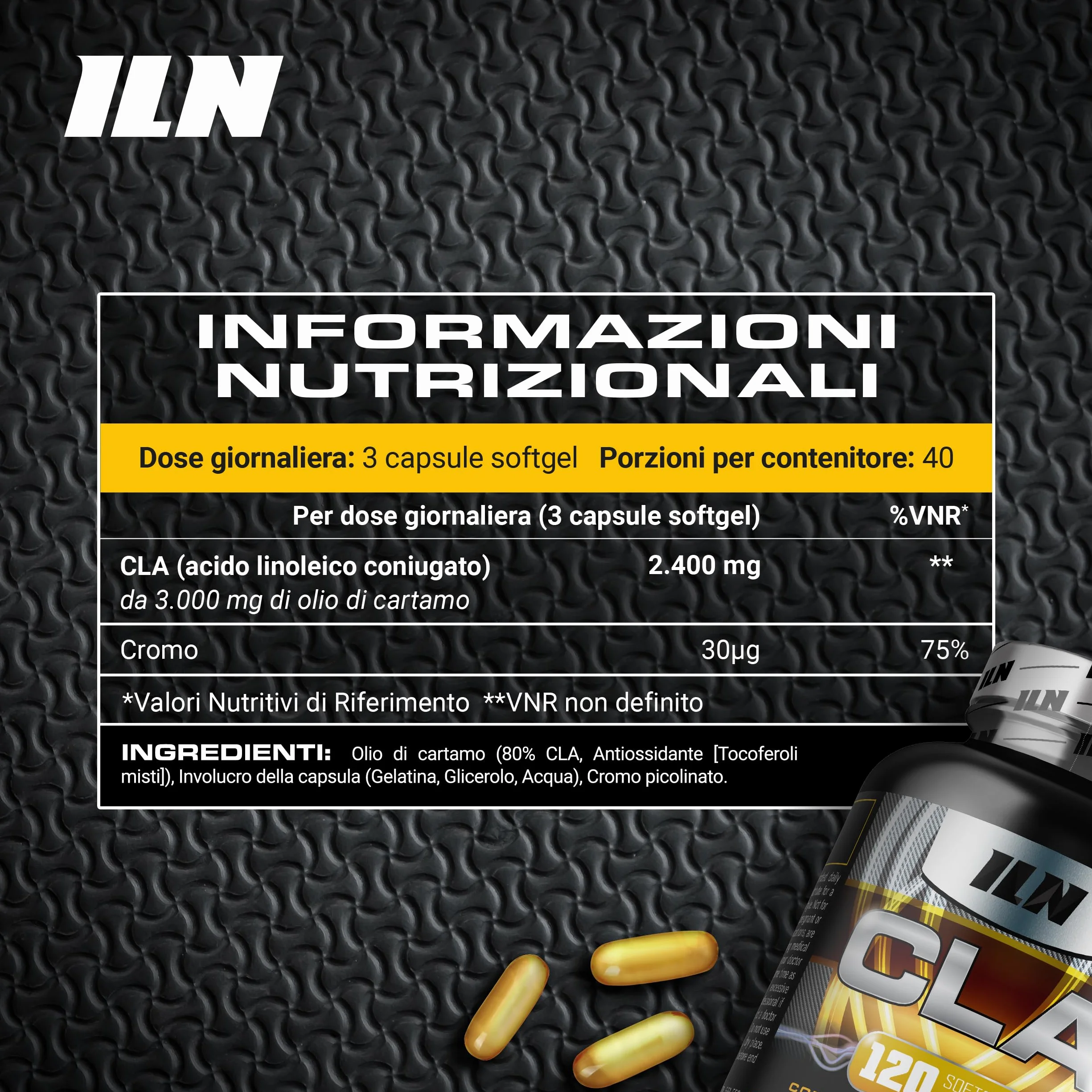 CLA 2400 mg con acido linoleico coniugato 3000 mg 80% isomeri cromo 120 softgel