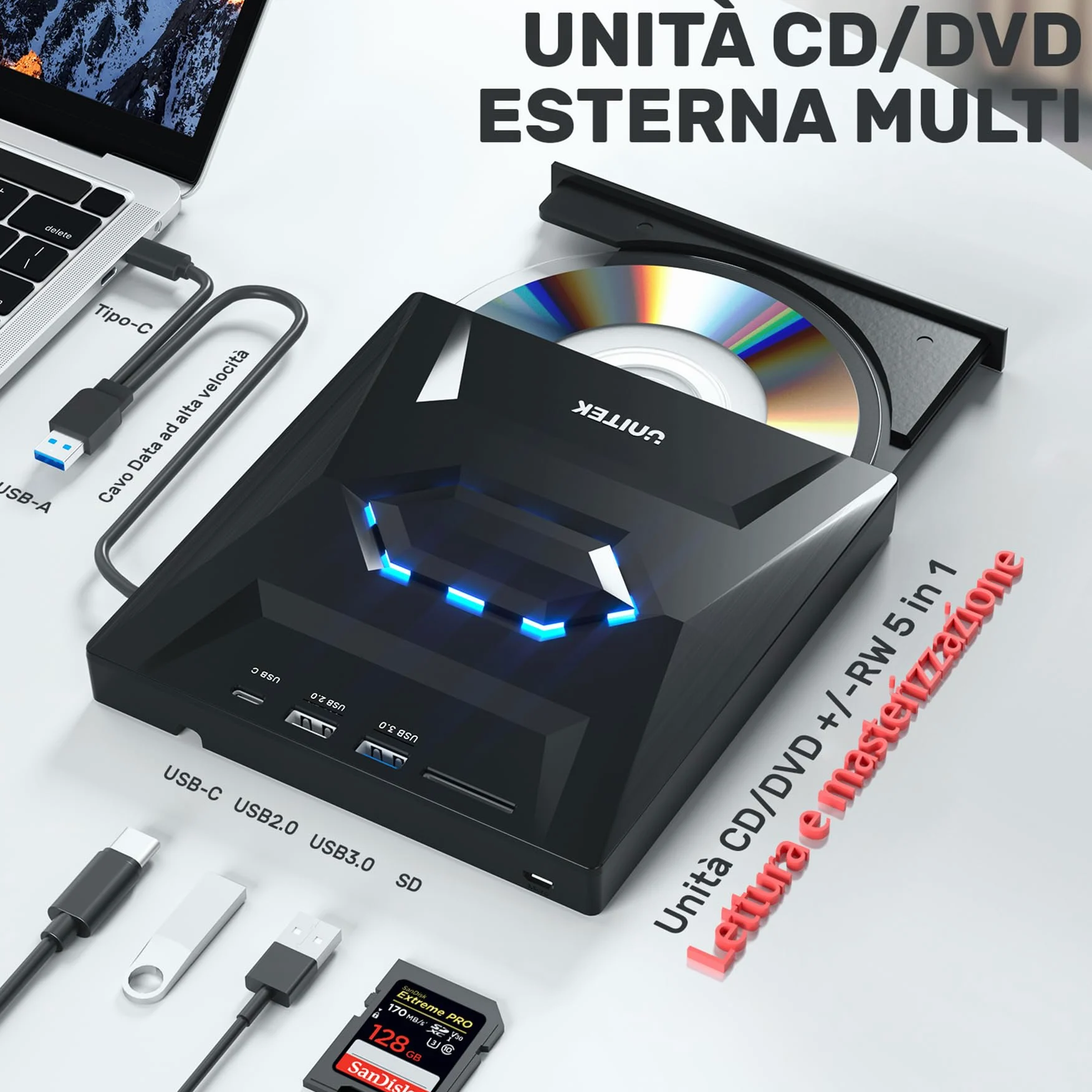 UNITEK Masterizzatore esterno USB 3.0&Type C Unità CD/DVD esterna -/+RW con slot per scheda SD per PC Laptop, Desktop, Portatile, Macbook Pro/Air per Windows 11/10/8.1/7/XP/Vista/Linux/MacOS