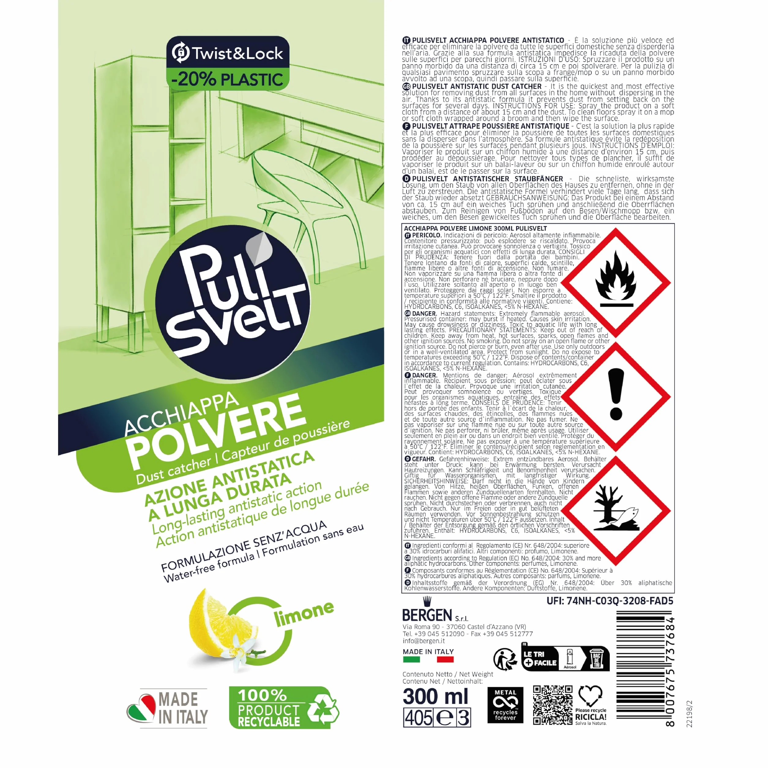 Detergente Acchiappapolvere Antistatico 300 ml Fragranza Limone