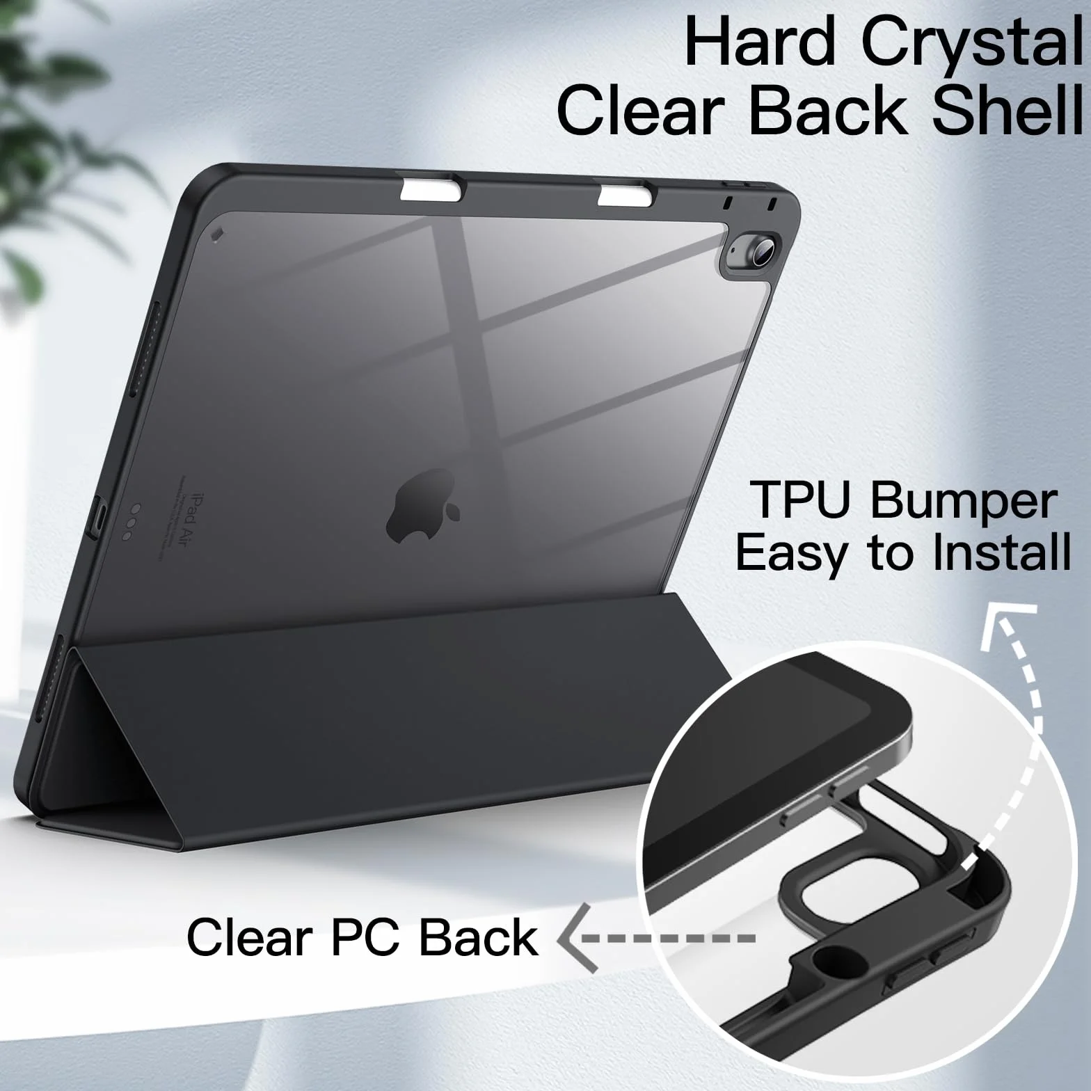 JETech Custodia iPad Air 13 Pollici M4/M3/M2 2026/2025/2024 Portapenne Chiara Trasparente Sottile Antiurto Cover Tablet Nero