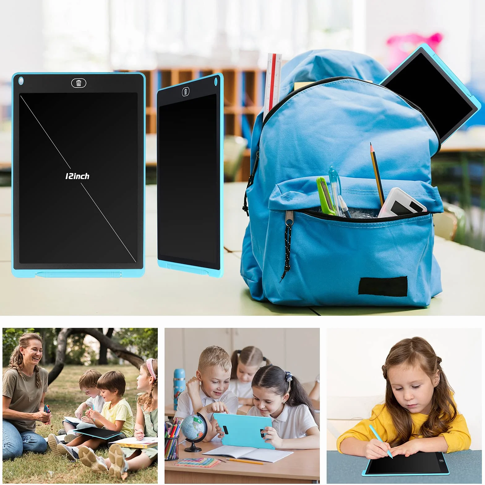 Coolzon Tavoletta Grafica LCD 12 Pollice, Lavagna Cancellabile da Disegno con Penna, Ewriter Digitale per Bambini, Azzurro