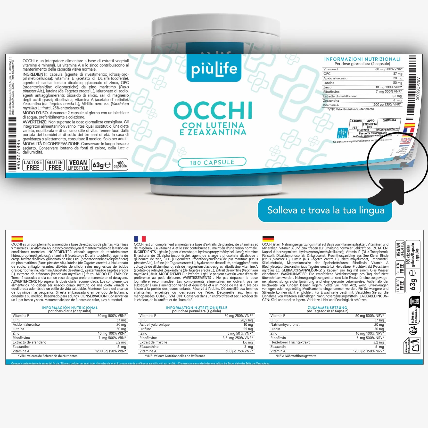 PiùLife Luteina e Zeaxantina Integratore Occhi 180 Capsule Zinco Vitamina A E B2 Acido Ialuronico