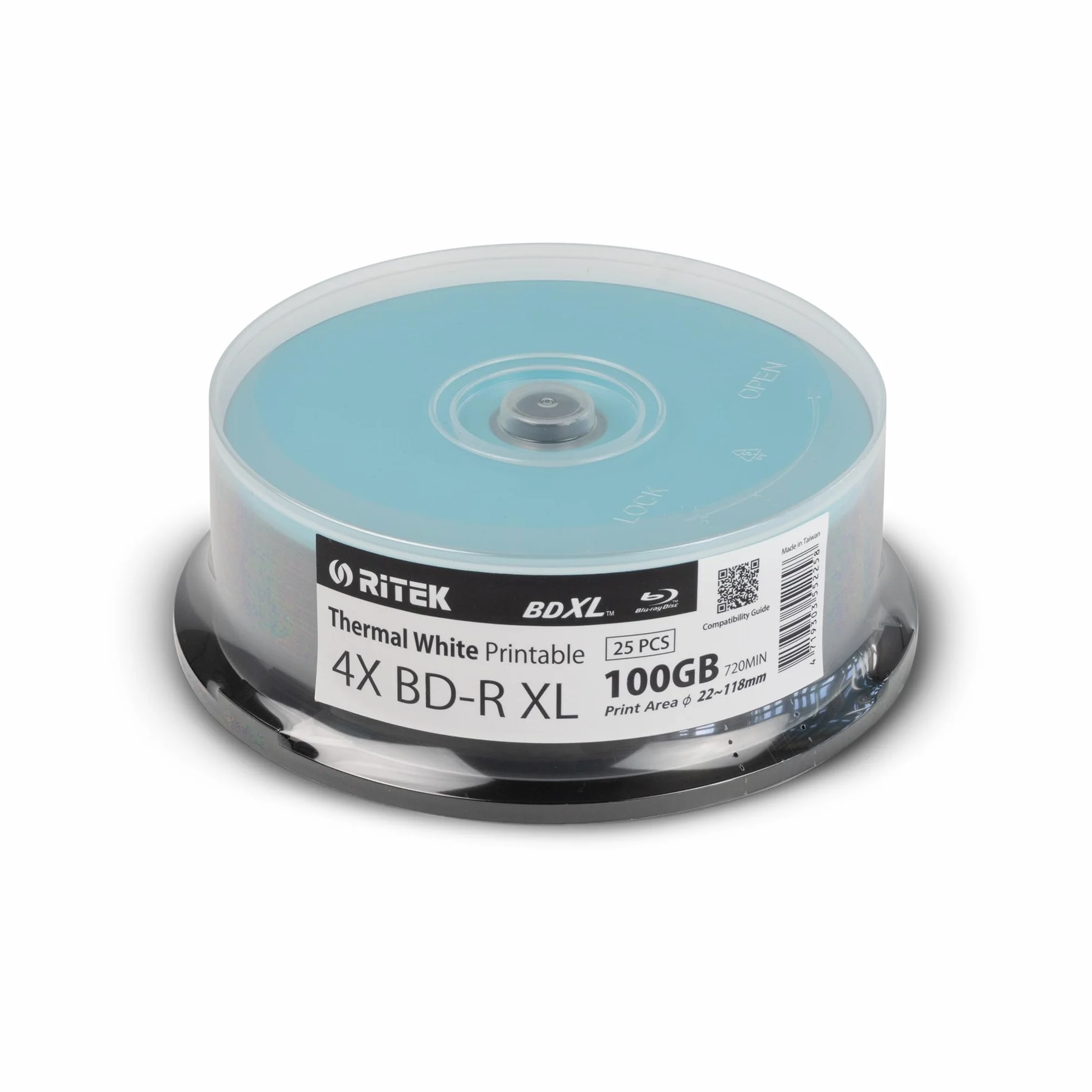 Ritek BD-R XL BDXL - Confezione da 25 supporti di archiviazione a triplo strato, 4X, logo top, termici, 100 GB, registrabili in mandrino