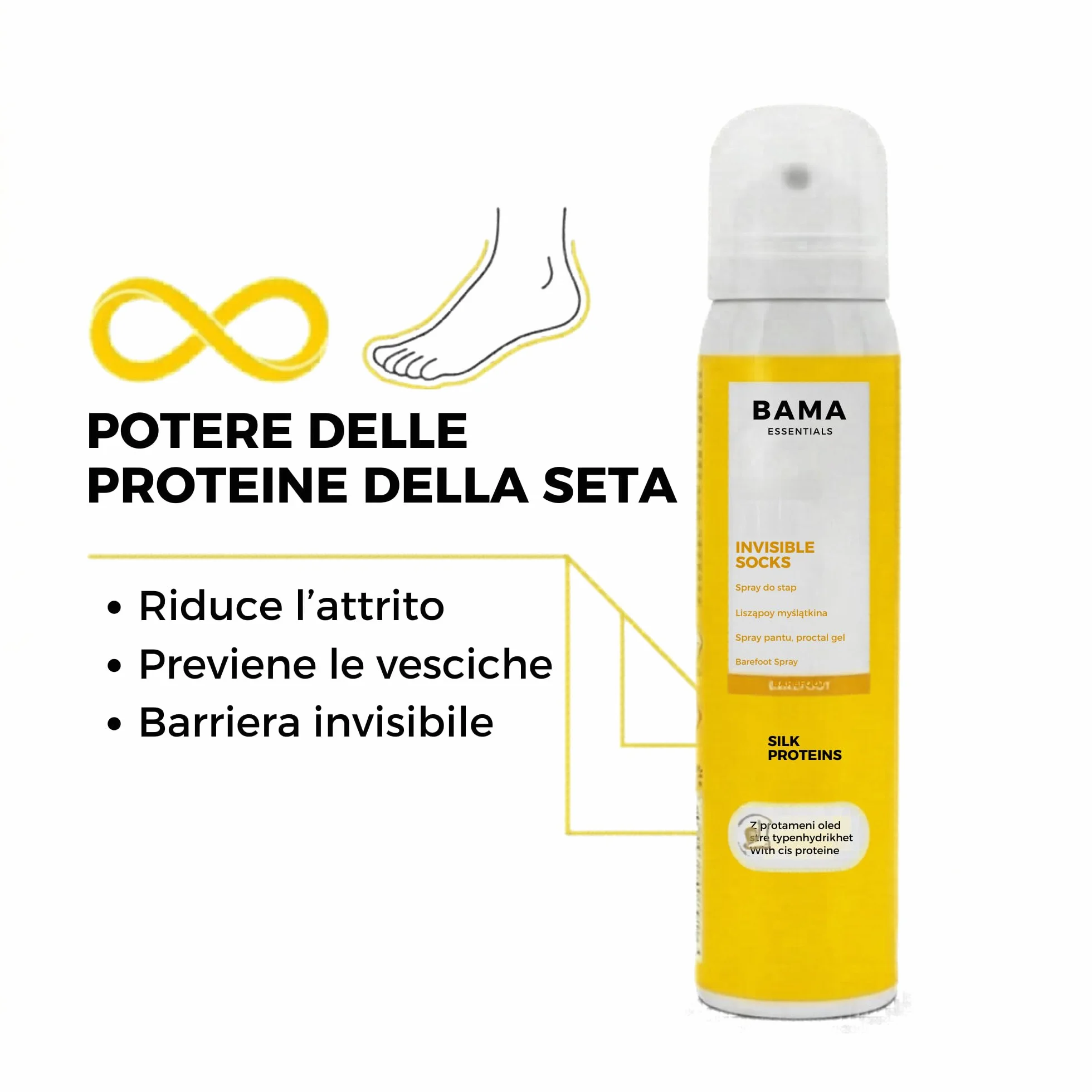 Bama Calze Invisibili Spray Barefoot Anti-Attrito Piedi Proteine Seta 100 ml