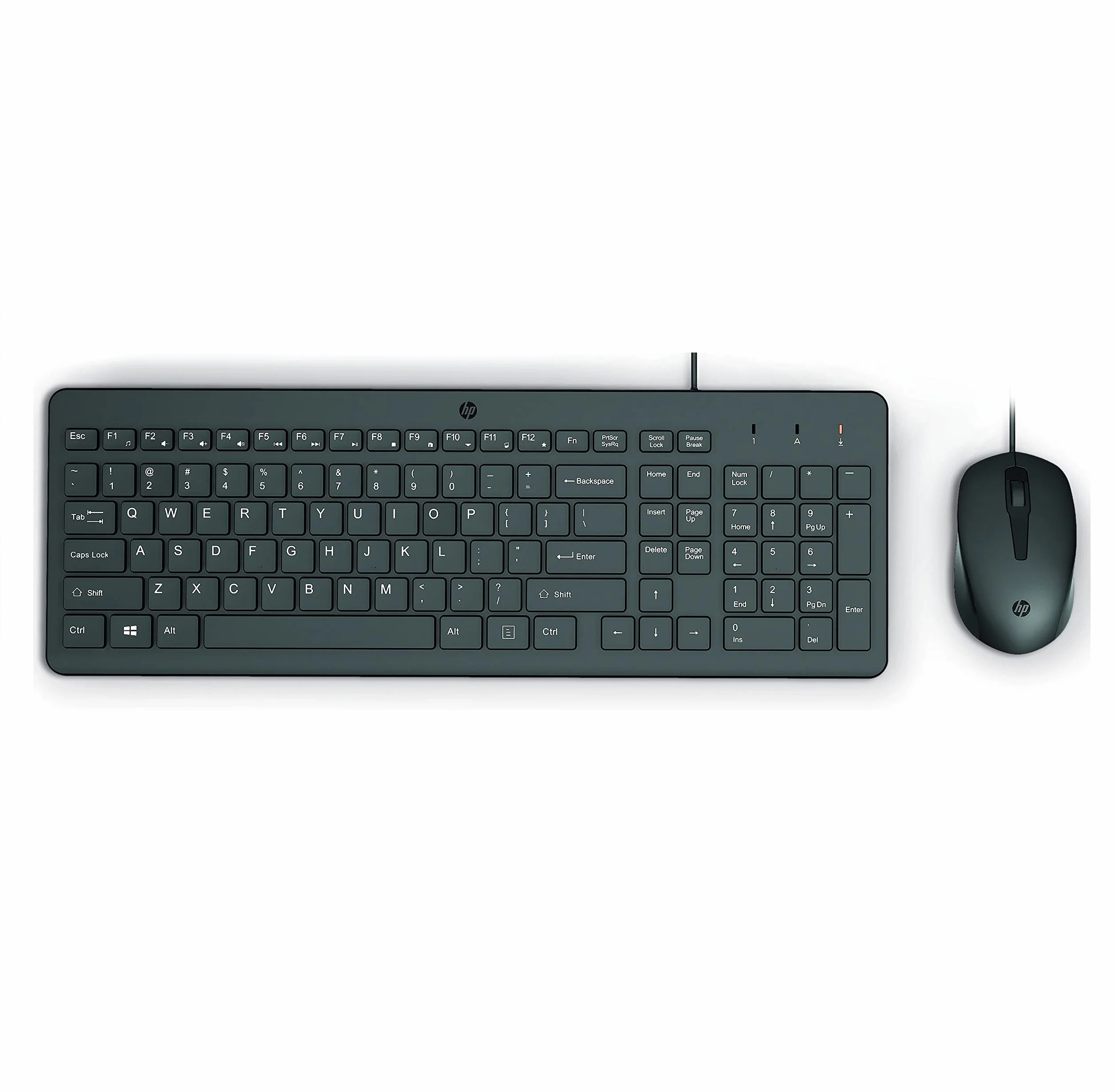 HP 150 Combo Tastiera e Mouse con cavo USB da 100 cm, Indicatore LED Blocco Maiuscole, 12 Combinazioni di Tasti, Plug and Play, Mouse Sensore Ottico da 1600 DPI, Compatibile con Windows 11, Nera