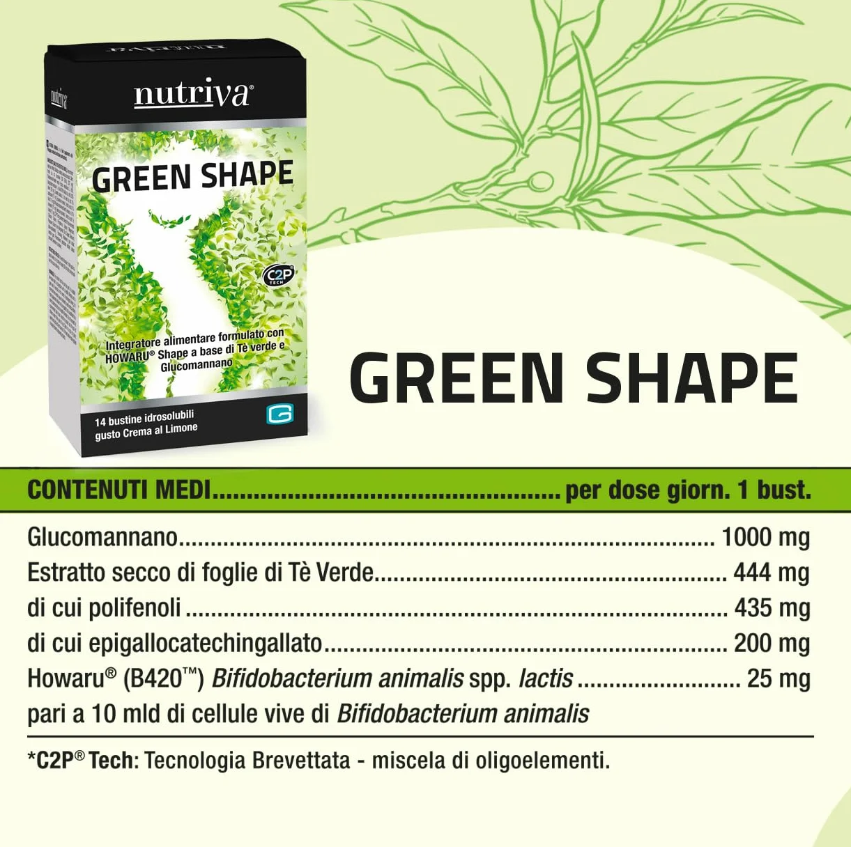 NUTRIVA Green Shape Integratore Alimentare con Glucomannano, Tè Verde e Probiotico HOWARU® B420™, 14 Bustine