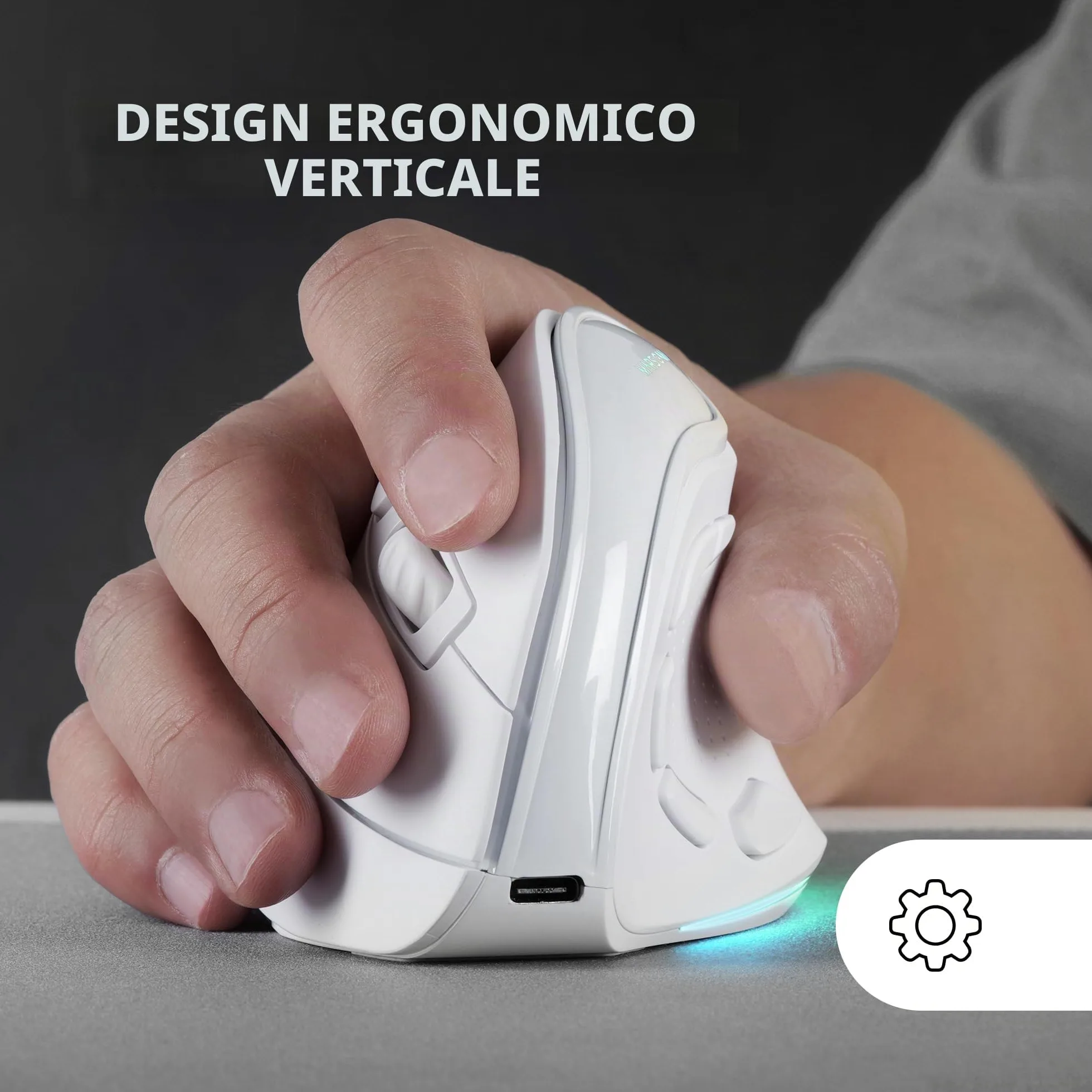 Mars Gaming MM-SK, Mouse Gaming Wireless Verticale, Design Ergonomico, Illuminazione RGB Chroma, Sensore Ottico Pixart 8400DPI, Switch Meccanici Huano, 9 Pulsanti Programmabili, Mouse Tri-Mode, Bianco