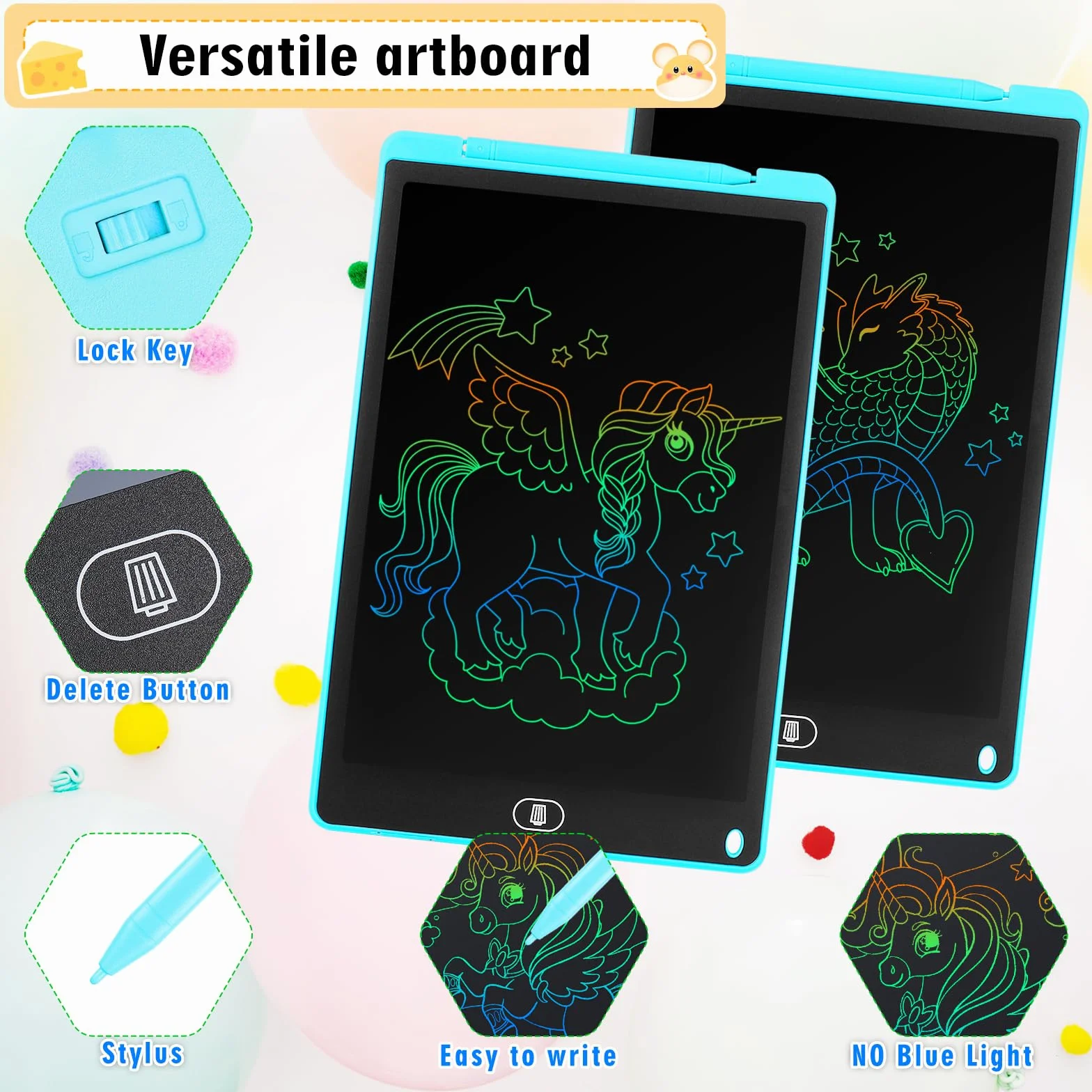 Tavoletta Grafica LCD 12 Pollici 2 Pezzi Schermo Colorato per Bambini Cancellabile Adesivi Animali Blu