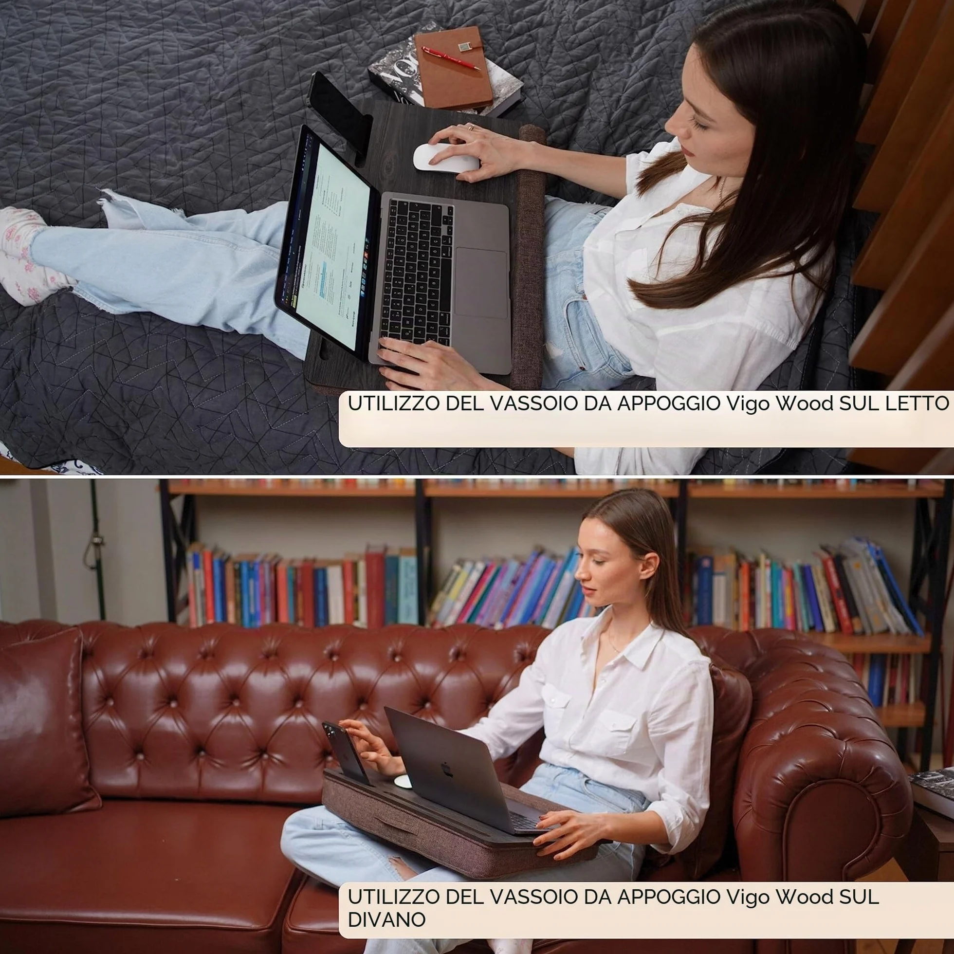 Vassoio in Legno per Laptop Vigo Wood, Scrivania per Laptop, Supporto per Laptop da Letto con Cuscino, Tavolino Portatile per Ufficio a Casa Adatto fino a 17.3'' Tablet con Supporto per Telefono
