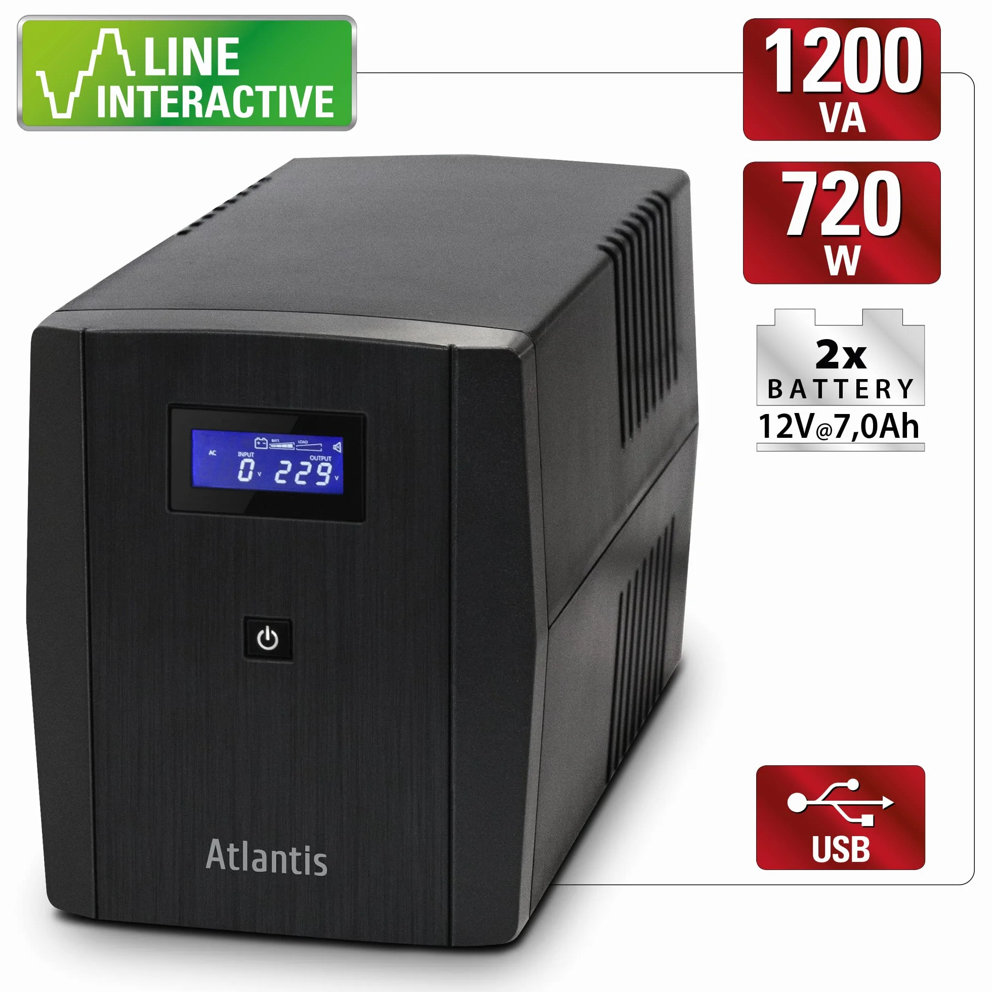 Atlantis OnePower 1200, UPS Line Interactive 1200VA/700W, AVR, Onda PseudoSinusoidale, 3 prese IEC+2 prese Schuko, 2 Batterie 12V 7Ah