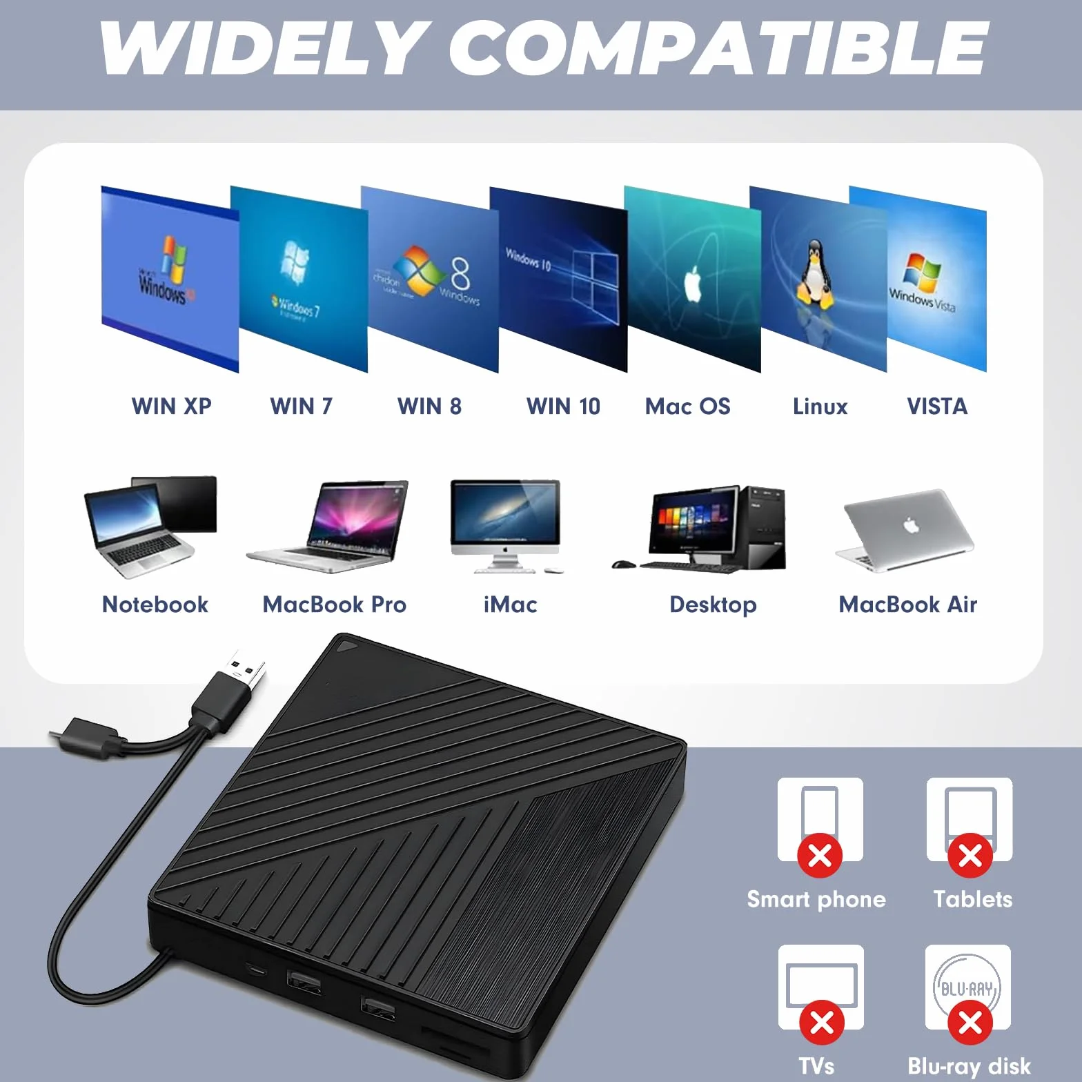 Masterizzatore DVD Esterno, lettore cd esterno per pc portatile, con lettore di schede SD/TFper PC, computer portatile, desktop, Windows 7/8.1/10, sistema operativo Linux