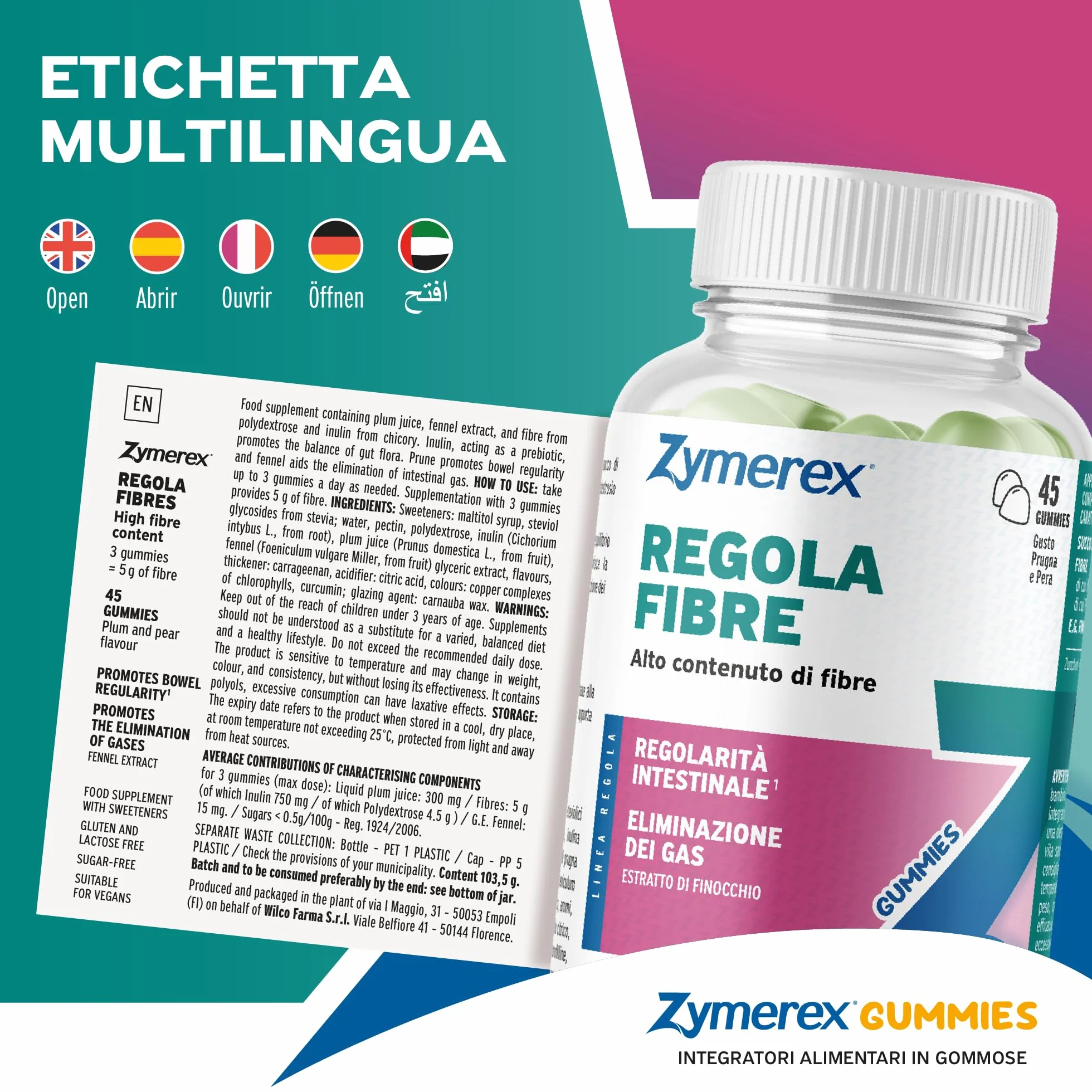 Zymerex REGOLA FIBRE Gummies 45 gommose Integratore fibre regolarità intestinale