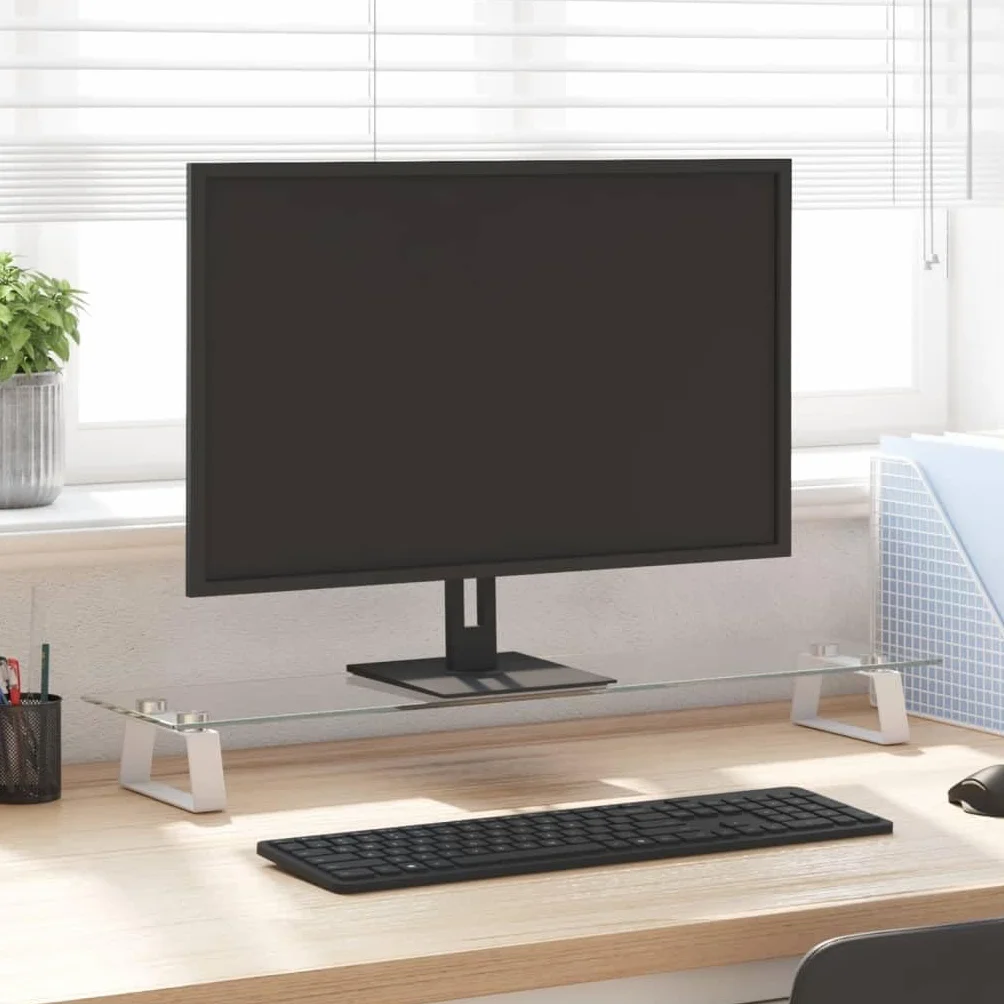 Supporto per monitor bianco in vetro temperato e metallo, 80 x 20 x 8 cm, con ripiano per tastiera e gestione dei cavi, per scrivania, home office, ufficio e posto di lavoro
