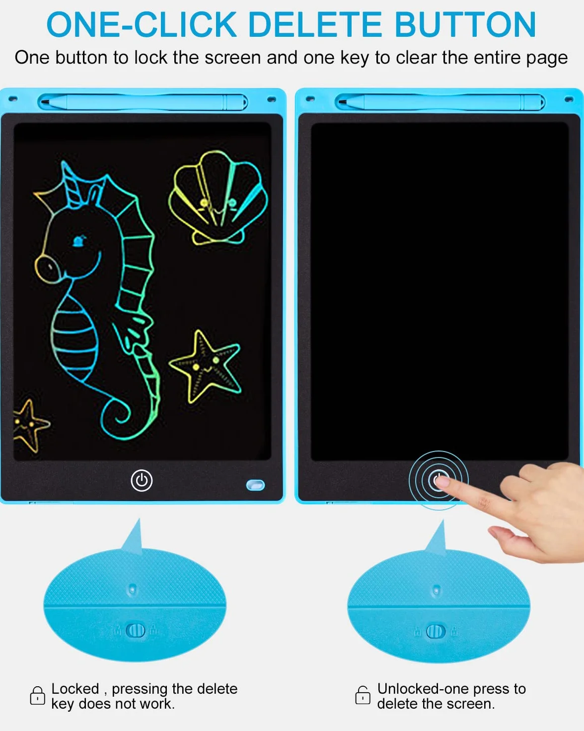 Tavoletta Grafica Bambini LCD 12 Pollici Display Colorato Cancellabile con Pulsante Elimina e Blocco