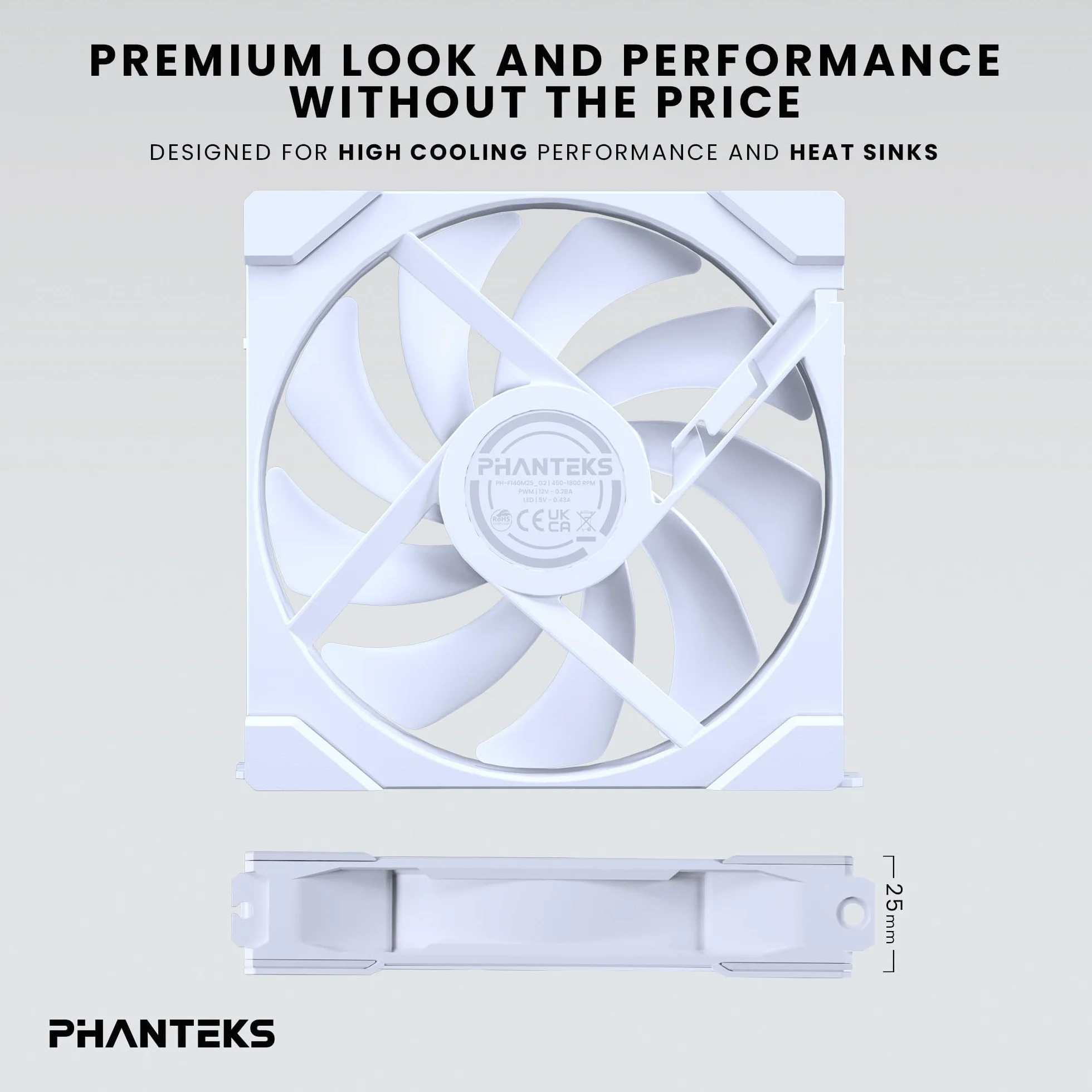 Phanteks M25-140 Gen2, 3er Pack, ventola di raffreddamento ad alte prestazioni ARGB da 140 mm, telaio ventola unificato a Daisy-Chain, hub Infinity Mirror, connessione a cavo singolo, Bianco