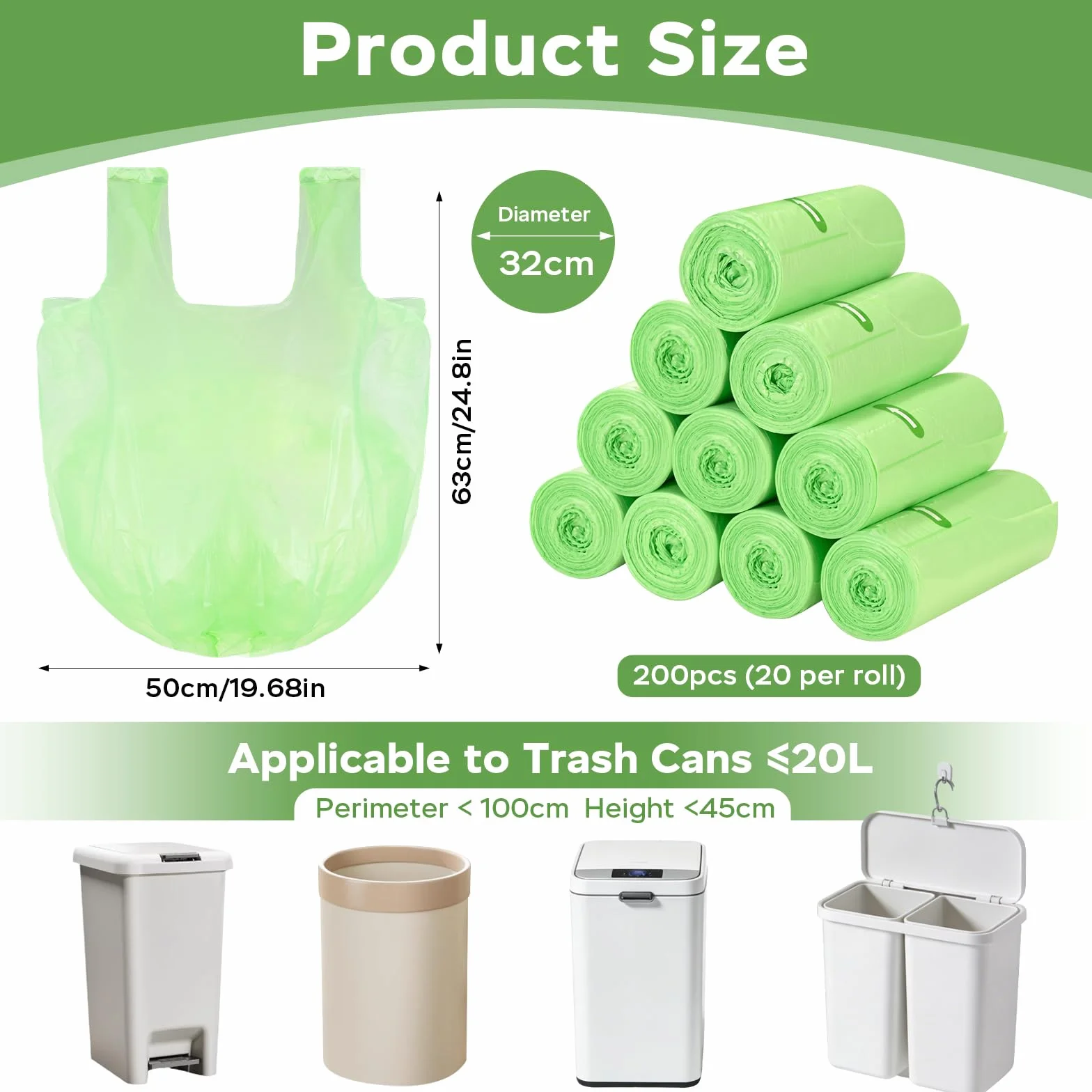 200 Pezzi Sacchetti Umido Biodegradabili 20L, 10 Rotoli 50x63cm Buste Immondizia con Manico