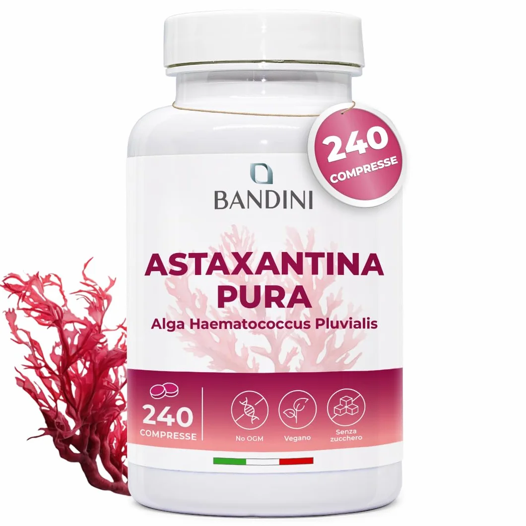 Bandini Astaxantina 240 compresse 8 mg Pura Antiossidante Naturale Alga Haematococcus Pluvialis Senza Magnesio Stearato