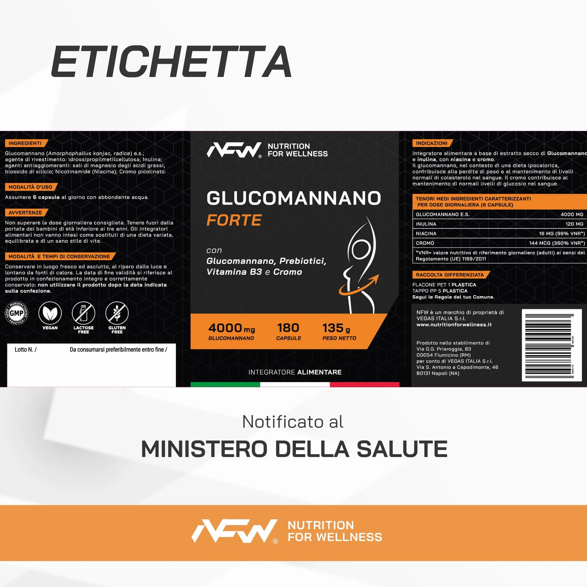 NFW® GLUCOMANNANO FORTE 180 capsule 4000mg Glucomannano puro con Prebiotici Cromo e Vitamina B3 Fibra Naturale Vegetale