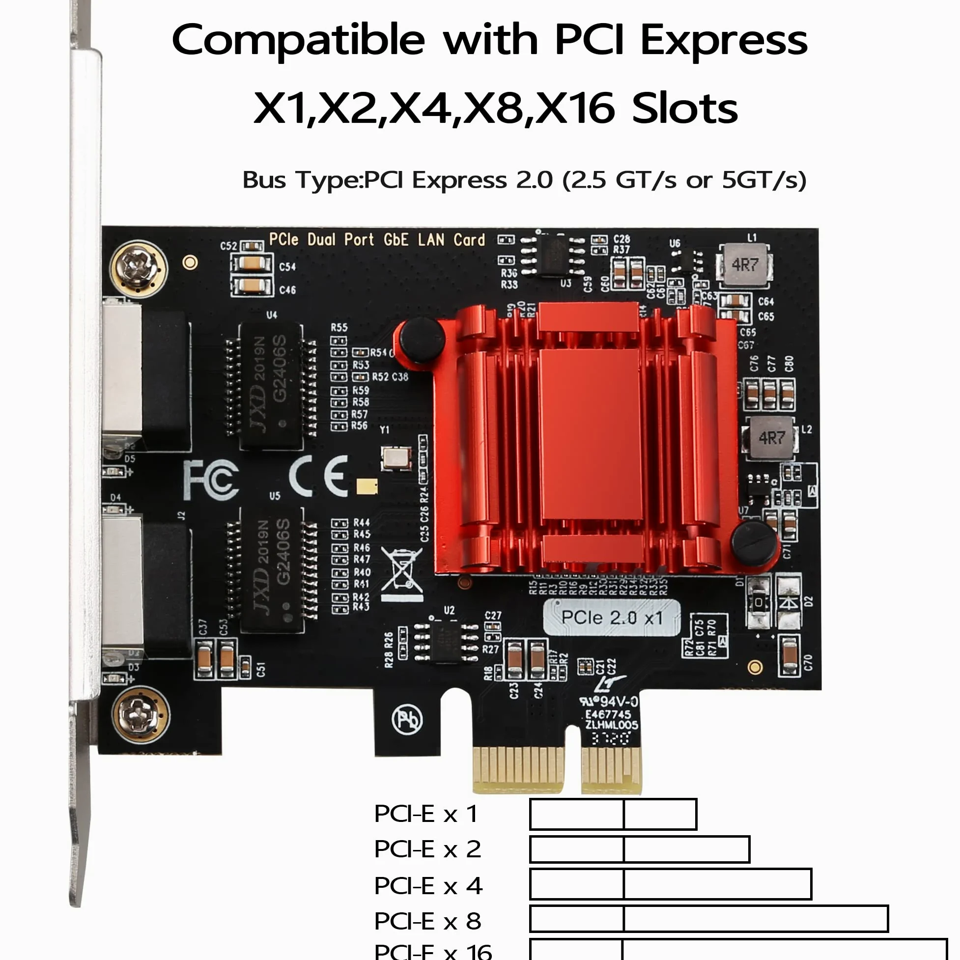 Scheda Ethernet Gigabit PCIe a doppia porta - Intel 82575&82576, 2 porte RJ45, adattatore PCI Express 1000M, supporto PXE e Low-Profile - Compatibile con Windows/Windows Server/Linux/FreeBSD/DOS