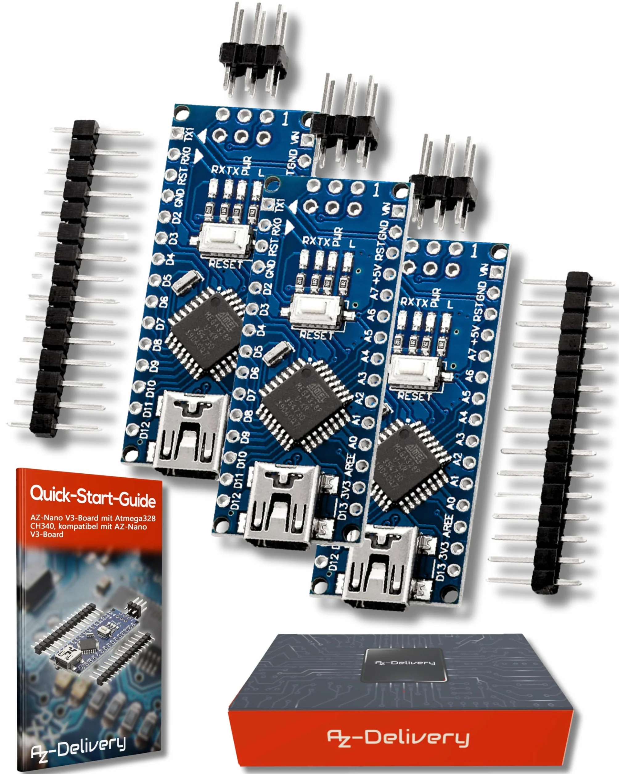 AZDelivery 3 x AZ-NanoV3-Board Mini USB Board ATmega328 5V 16MHz CH340 ATmega328P Micro Controller, CH340G sostituisce FT232RL Incluso E-Book!