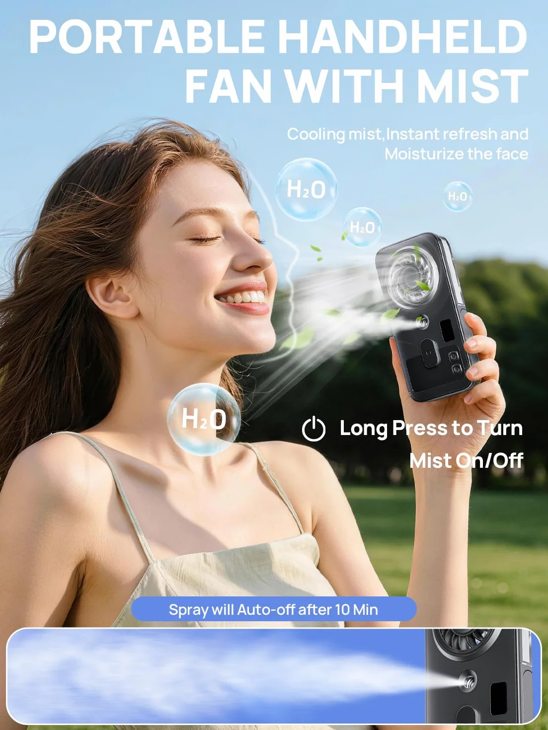 Kssvzz Mini Ventilatore Portatile a Spruzzo con Clip, Handheld Nebbia Ricaricabile Personale con 4 Velocità, Silenzioso Leggero per Ufficio Domestico, Esterno, Viaggio & Spiaggia