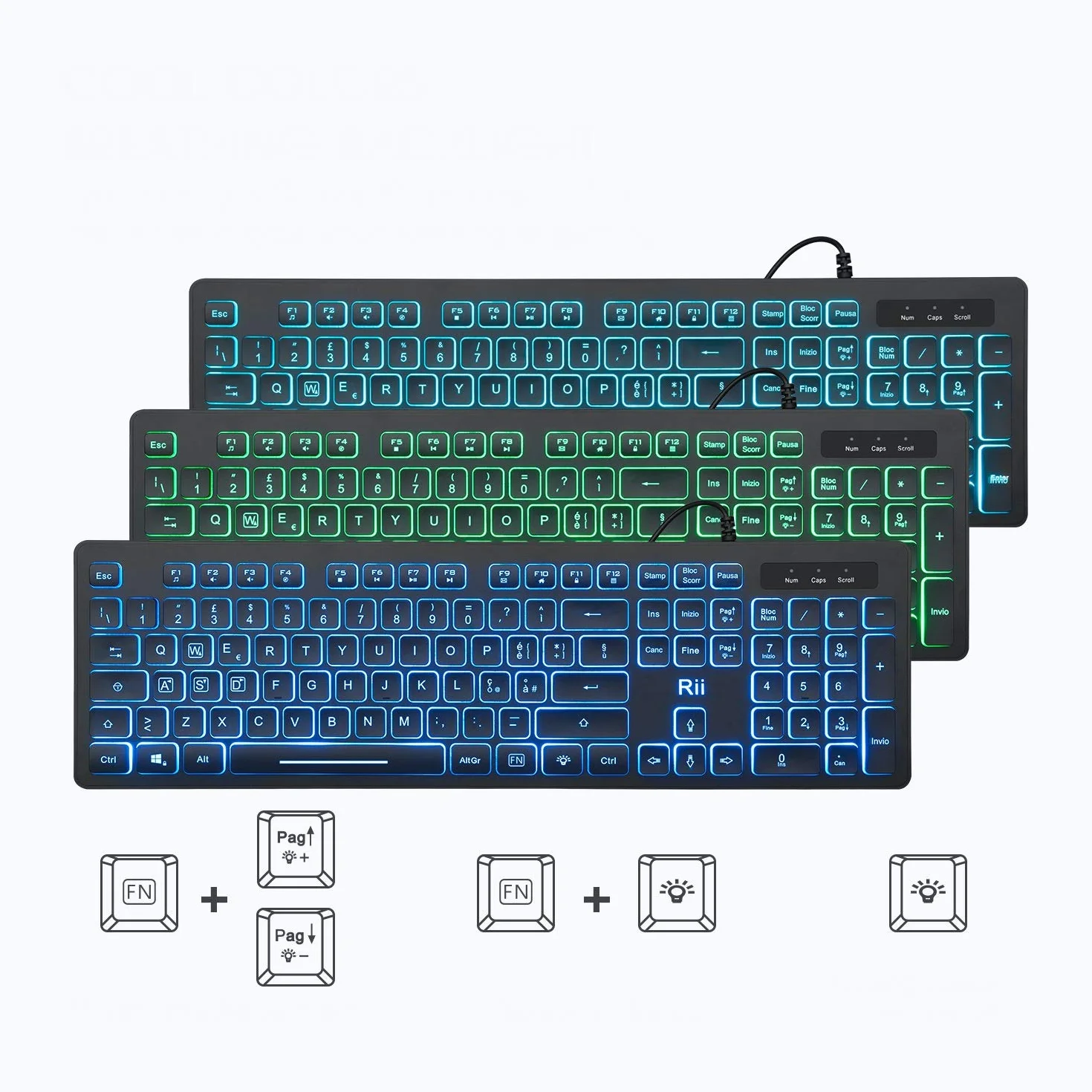 Rii RK105 - Set tastiere e mouse retroilluminati a LED, design elegante e minimalista