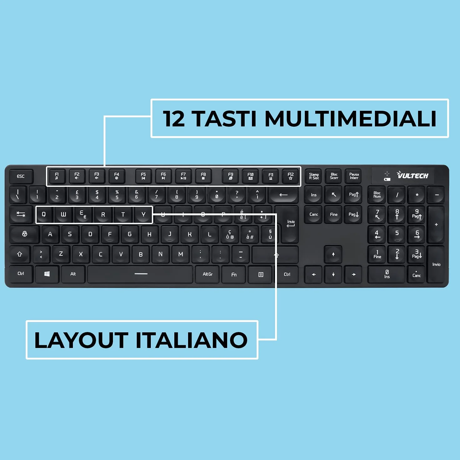 Vultech KM-831W Kit Tastiera e Mouse Wireless 2.4 GHz per Windows. ultra-slim,12 tasti multimediali a scelta rapida, Tastierino numerico, tasti silenziosi, per PC/Laptop, Layout italiano, Nero