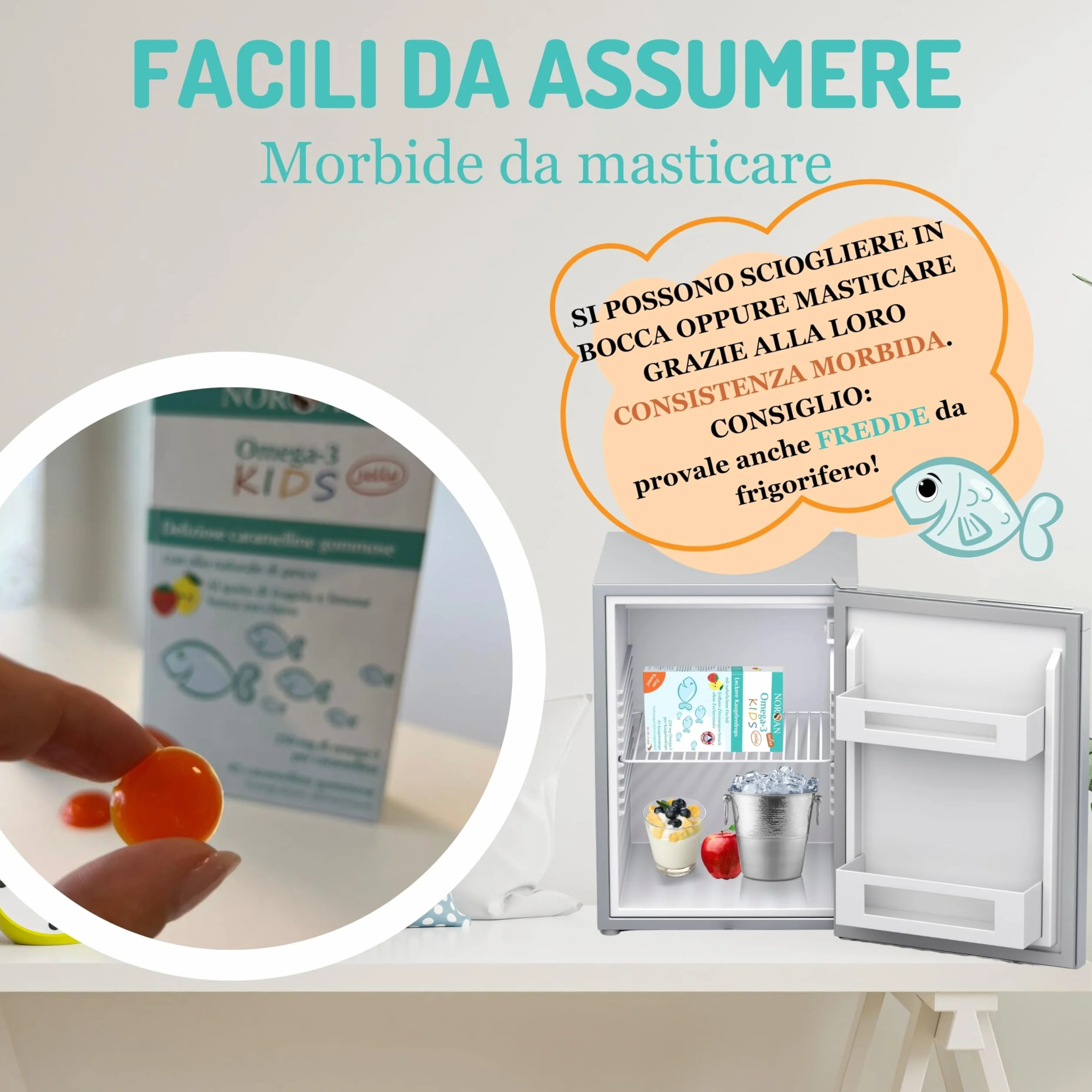 NORSAN Omega 3 bambini FISK Jelly 45 caramelline masticabili alla frutta con olio di pesce EPA DHA Vitamina D