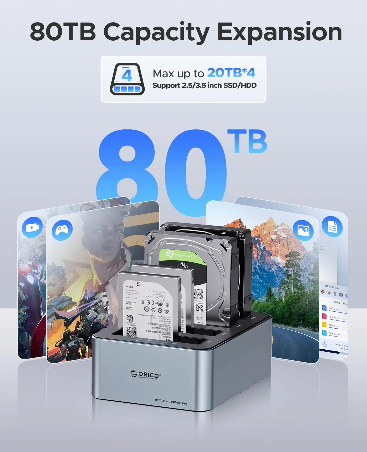 ORICO Docking Station 4 Bay USB 3.2 Gen 1 per SATA 2.5/3.5" SSD/HDD Cloni Offline Alimentatore 12V 6.5A