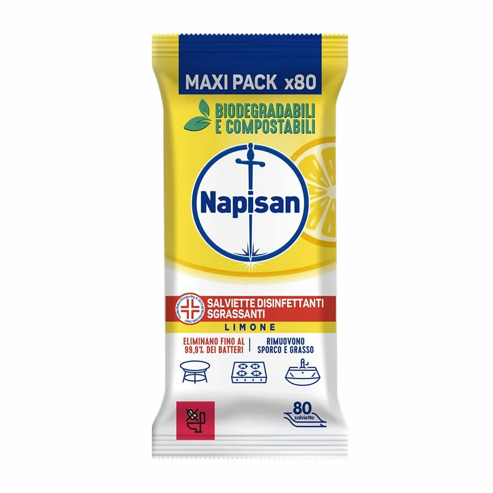 Napisan Salviette Disinfettanti Sgrassanti al Limone, 80 Salviette Biodegradabili Multisuperfici