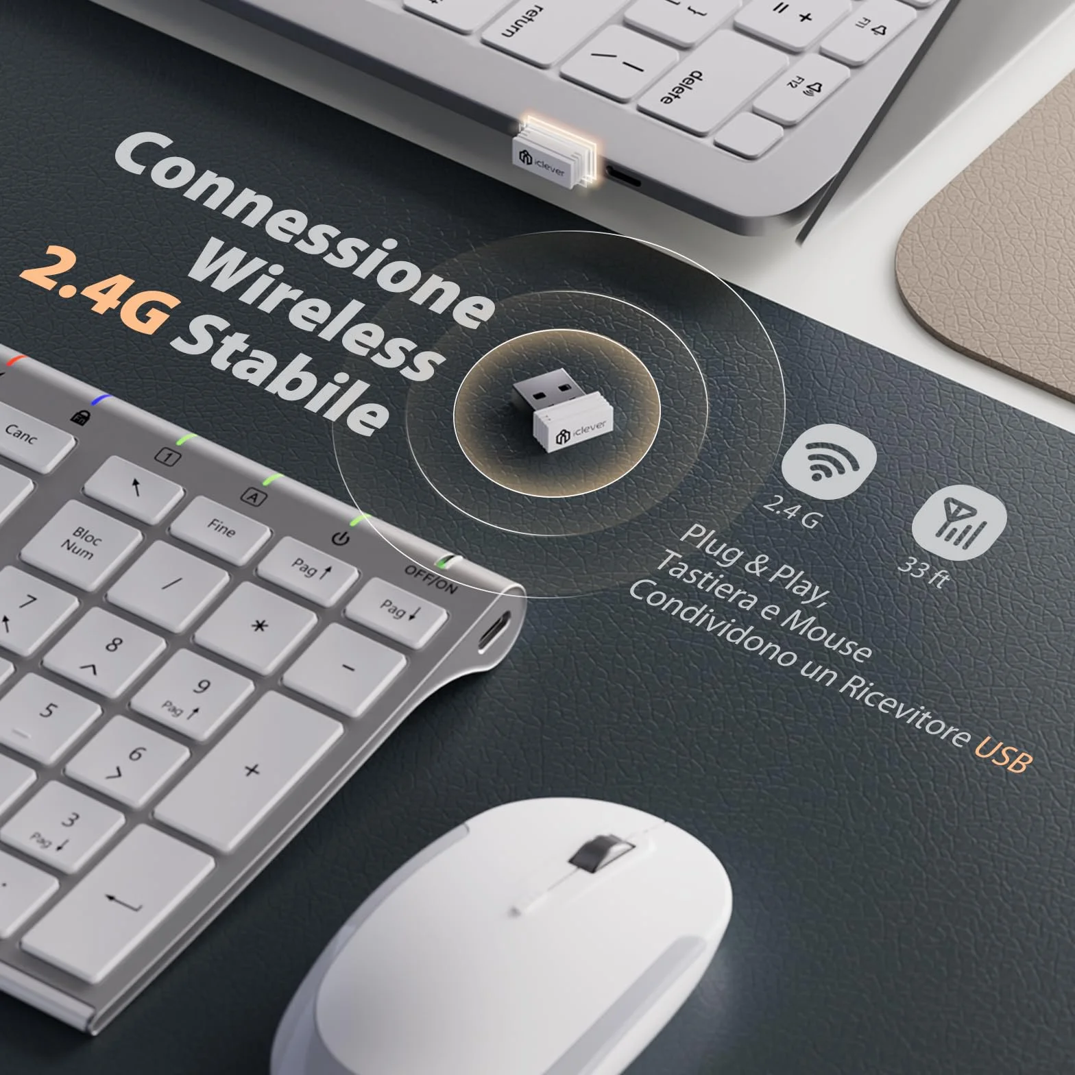 iClever Tastiera e Mouse Wireless portatile 2.4G, Ricaricabile tastiera wireless usb, silenziosa tastiera ergonomica Design Dimensioni Regolari Sottile Connessione Stabile DPI Regolabile