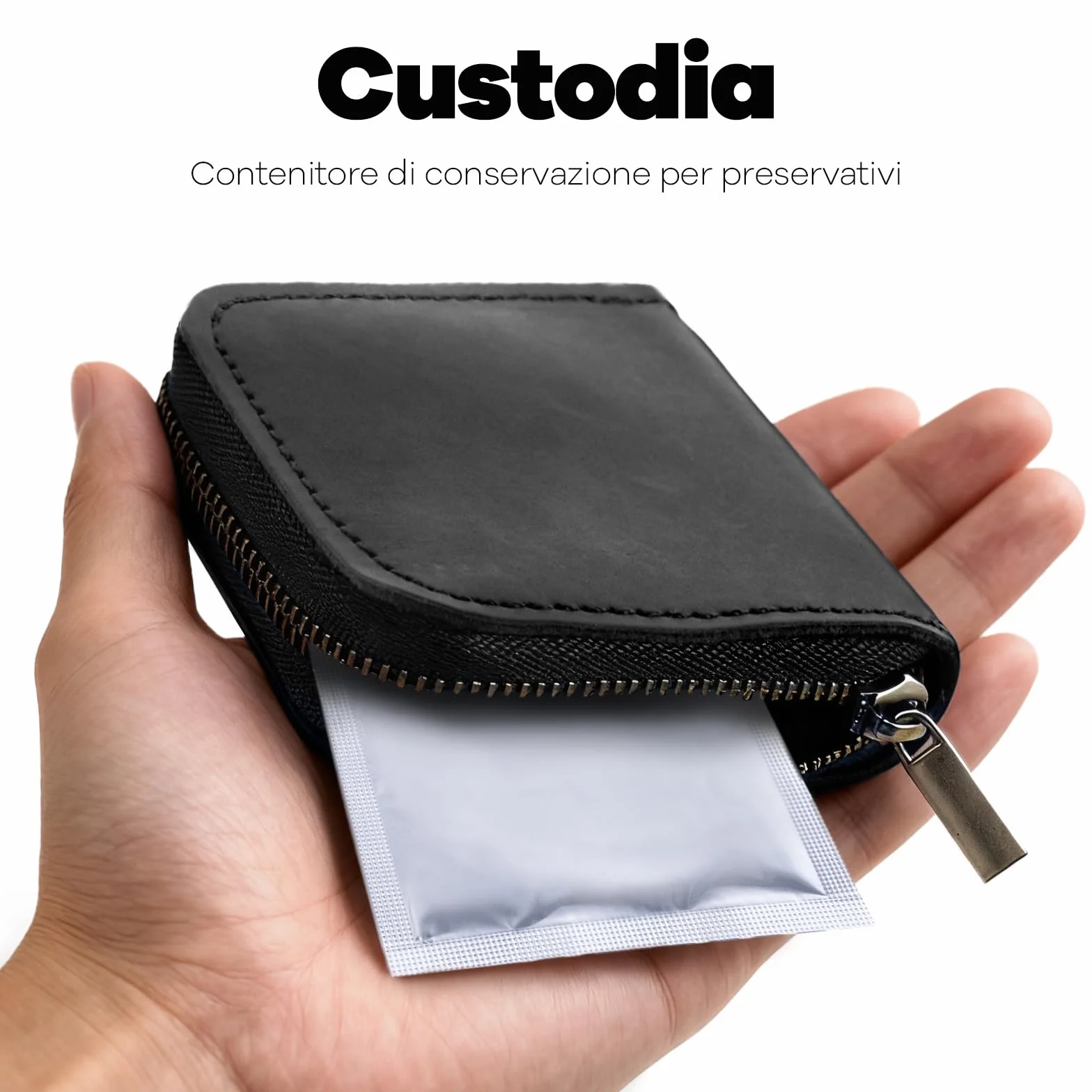Fuinloth Portacondomi Privacy Uomo, Portaoggetti Compatto da Viaggio in Pelle Nera con Cerniera