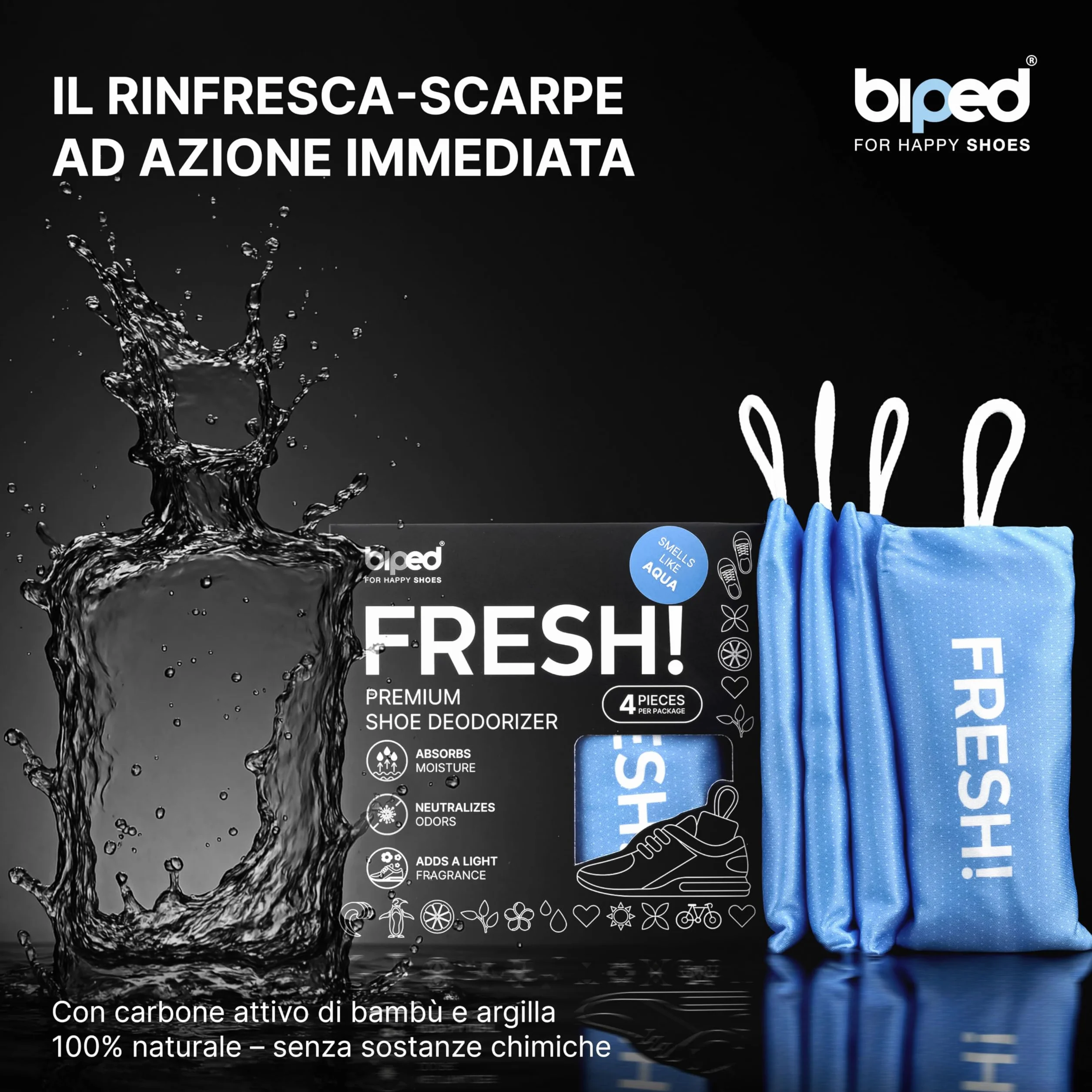 biped FRESH! deodorante premium per scarpe – cuscinetto profumato con carbone di bambù attivo – elimina odori e sudore da sneaker, calzature sportive e borse da palestra (4 pezzi)