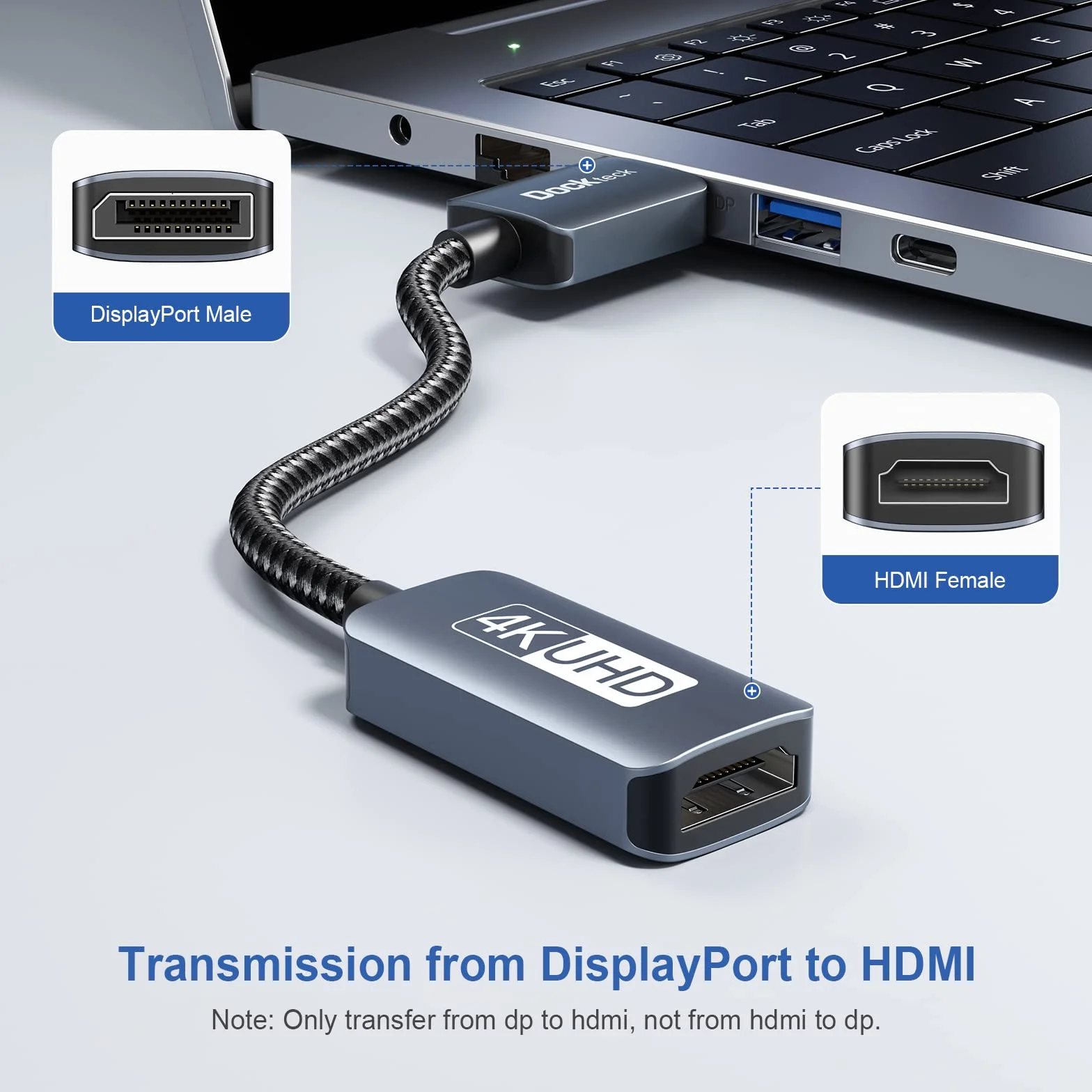 dockteck Adattatore DisplayPort 4K 60Hz a HDMI, adattatore attivo DP a HDMI per HDTV, proiettore, desktop, laptop (GTX 960, ThinkPad T420, Dell 780, Lenovo T520i, ecc.)