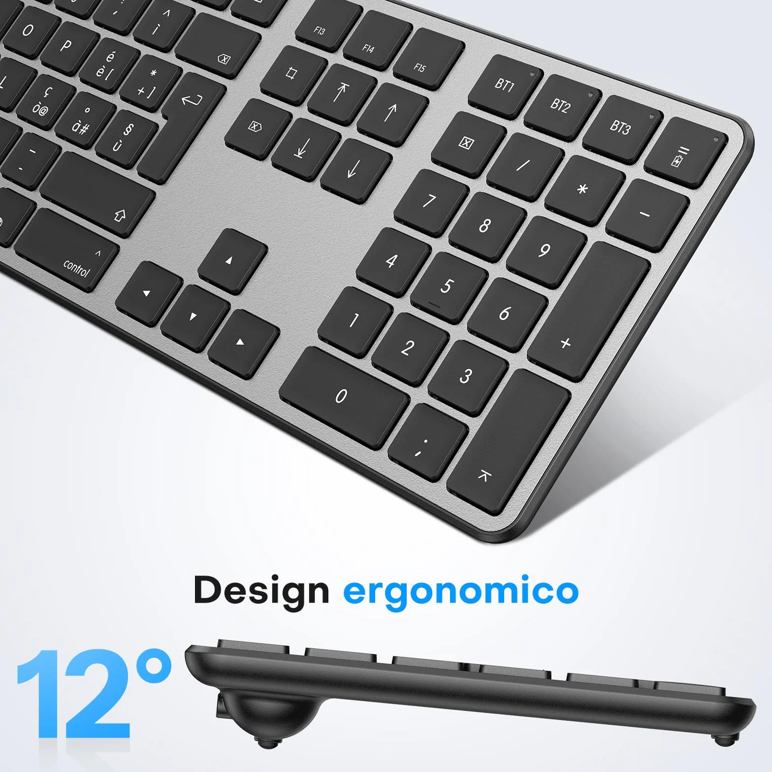 OMOTON Kit Tastiera e Mouse Bluetooth per Mac, Nuovo Tastiera e Mouse Ricaricabile Bluetooth BT1/BT2/BT3 Multidispositivo per MacBook Pro/Air, Mac Mini iMac, iMac Pro, Layout Italiano QWERTY, Grigio