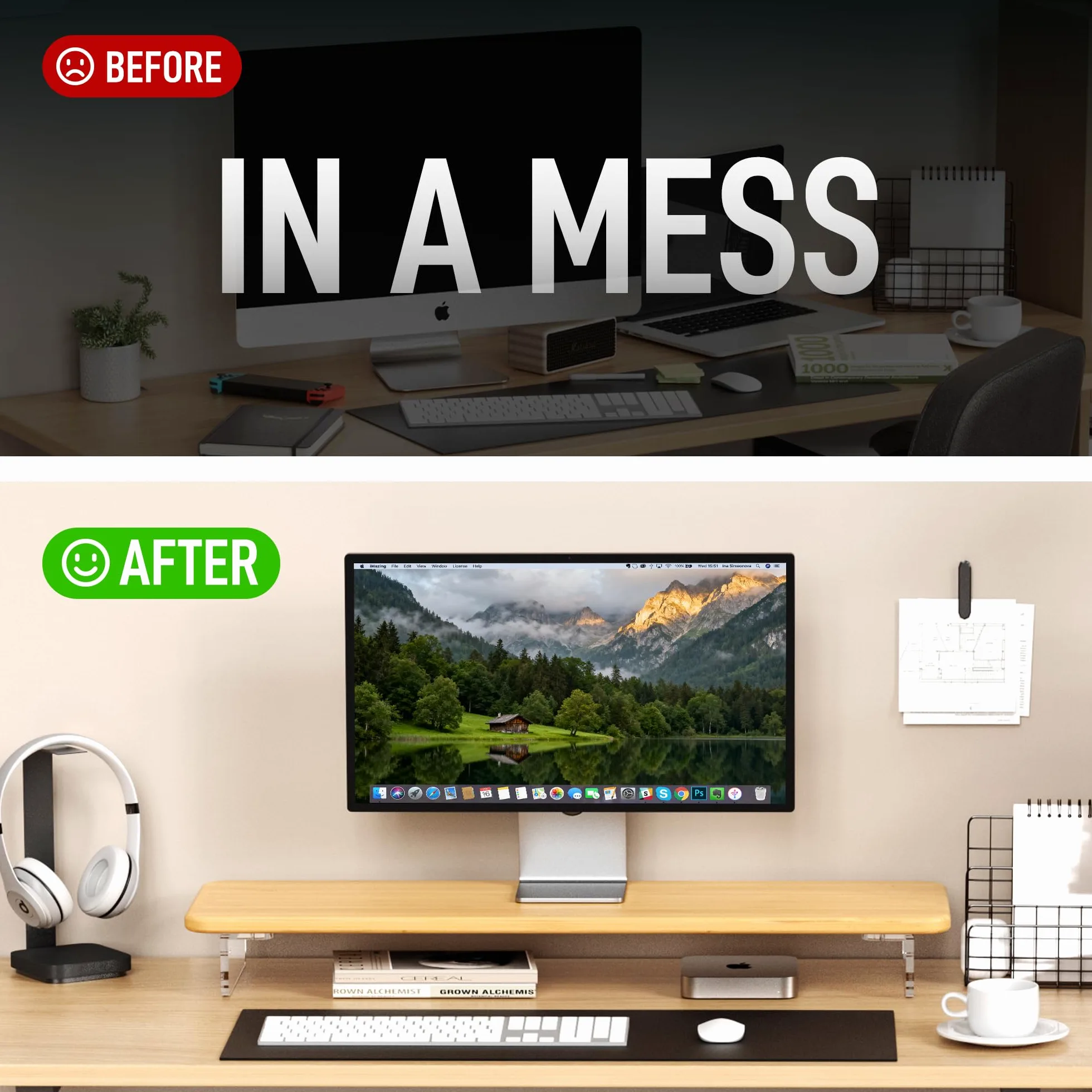 AFOOYO Supporto per monitor, in bambù e acrilico, supporto per monitor del computer con luce a LED, grande supporto per monitor da 31 pollici per scrivania, supporto organizer da scrivania per